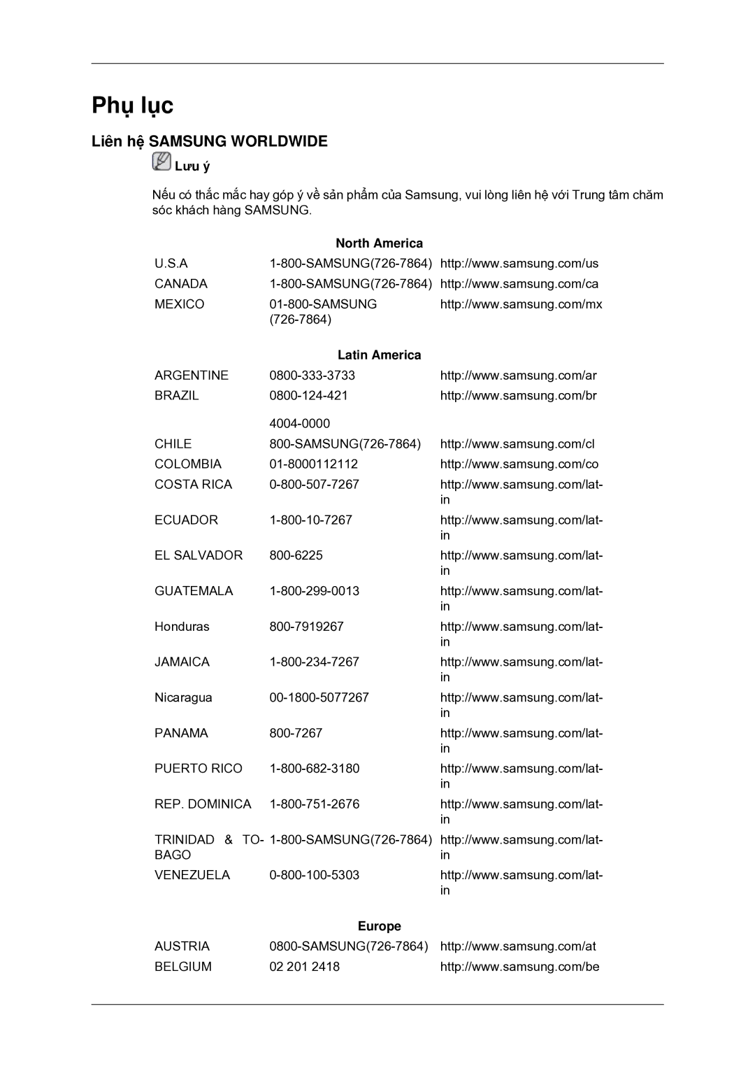 Samsung LS19CMYKFMXV manual Phụ lục, Liên hệ Samsung Worldwide 