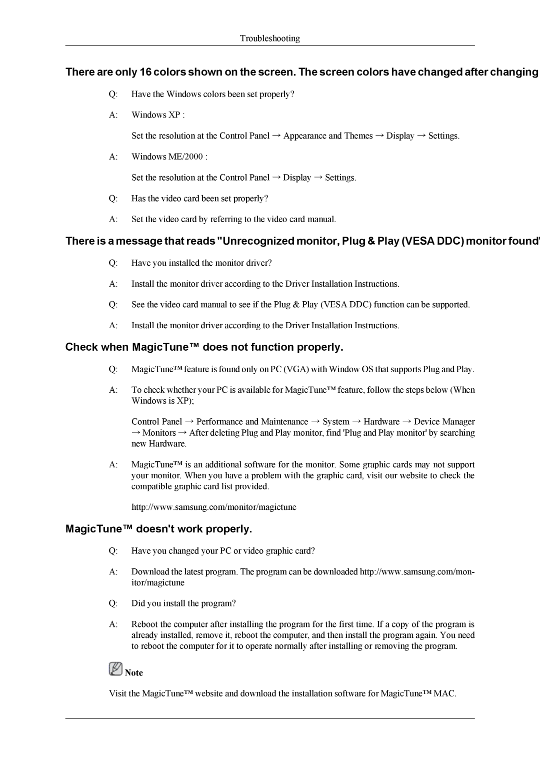 Samsung LS19CMYKFZ/CT, LS19CMYKFNA/EN manual Check when MagicTune does not function properly, MagicTune doesnt work properly 