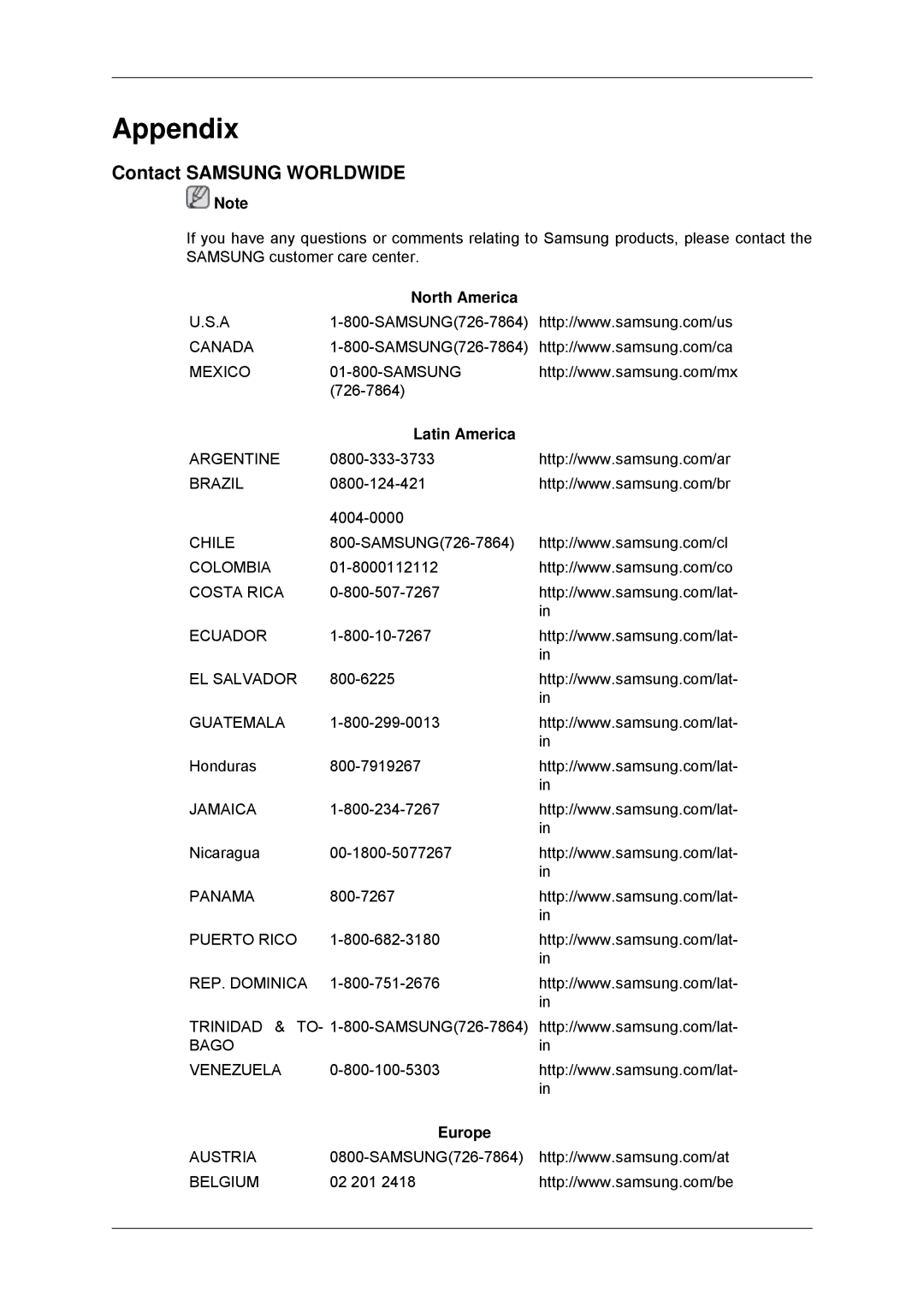 Samsung LS19CMYKFNAUEN, LS19CMYKFNA/EN, LS19CMYKF/EN, LS19CMYKFZ/EN, LS19CMYKFZ/CT manual Appendix, Contact Samsung Worldwide 