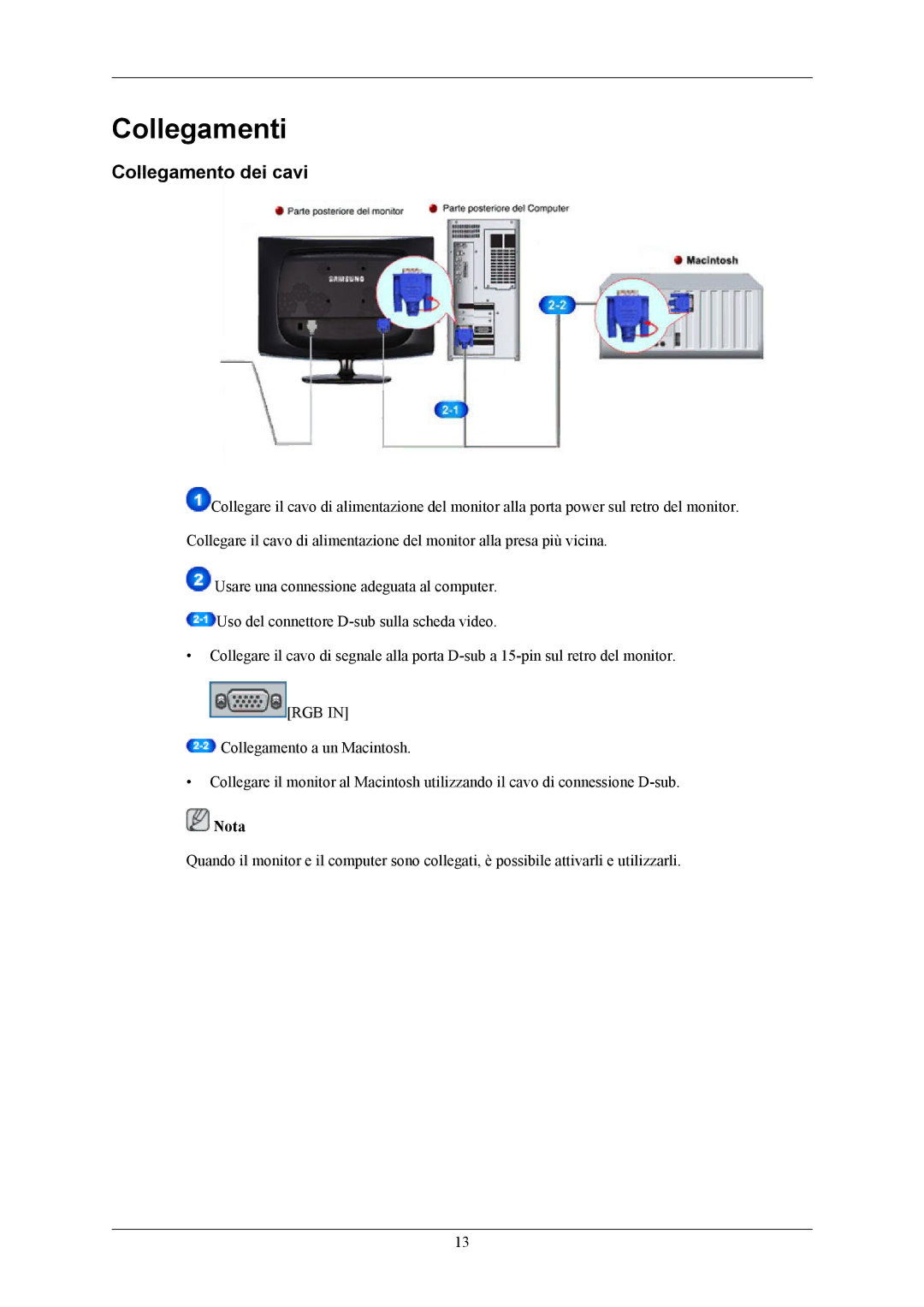 Samsung LS19CMYKFZ/EN, LS19CMYKFNA/EN, LS19CMYKF/EN, LS19CMYKFZ/CT manual Collegamenti, Collegamento dei cavi 