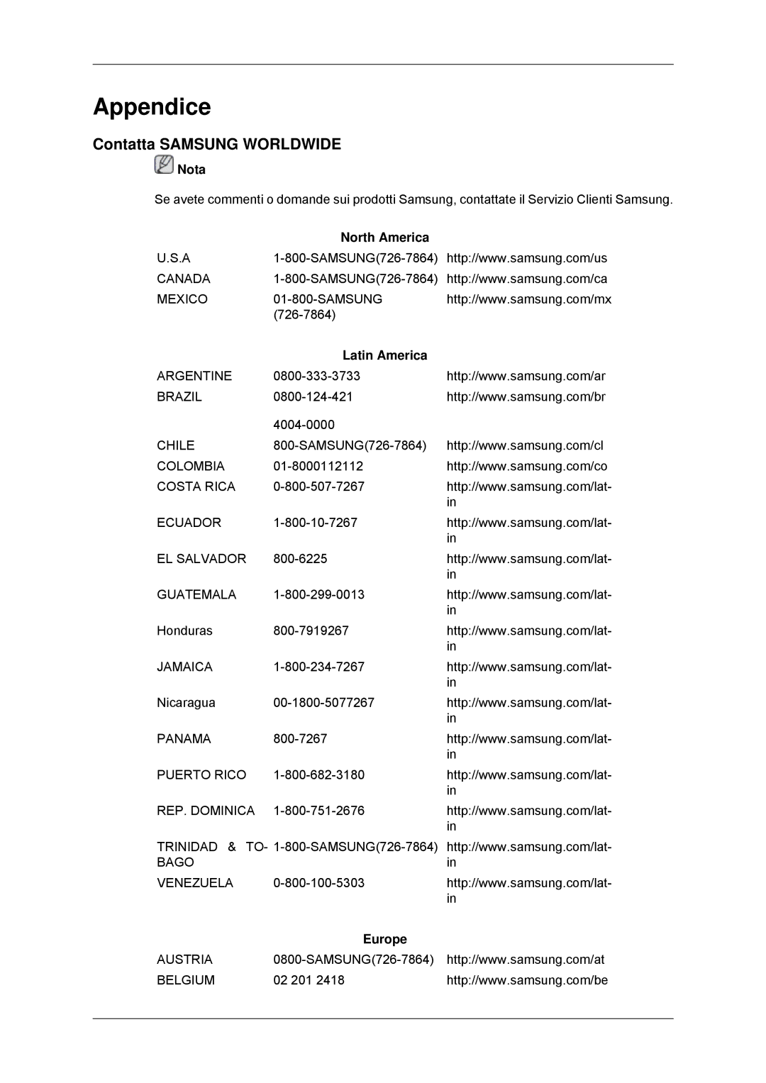 Samsung LS19CMYKF/EN, LS19CMYKFNA/EN, LS19CMYKFZ/EN, LS19CMYKFZ/CT manual Appendice, Contatta Samsung Worldwide 