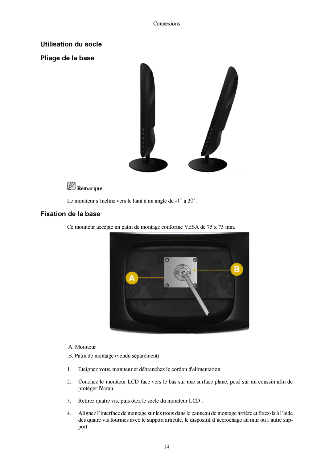 Samsung LS19CMYKFNA/EN, LS19CMYKF/EN, LS19CMYKFZ/EN manual Utilisation du socle Pliage de la base, Fixation de la base 