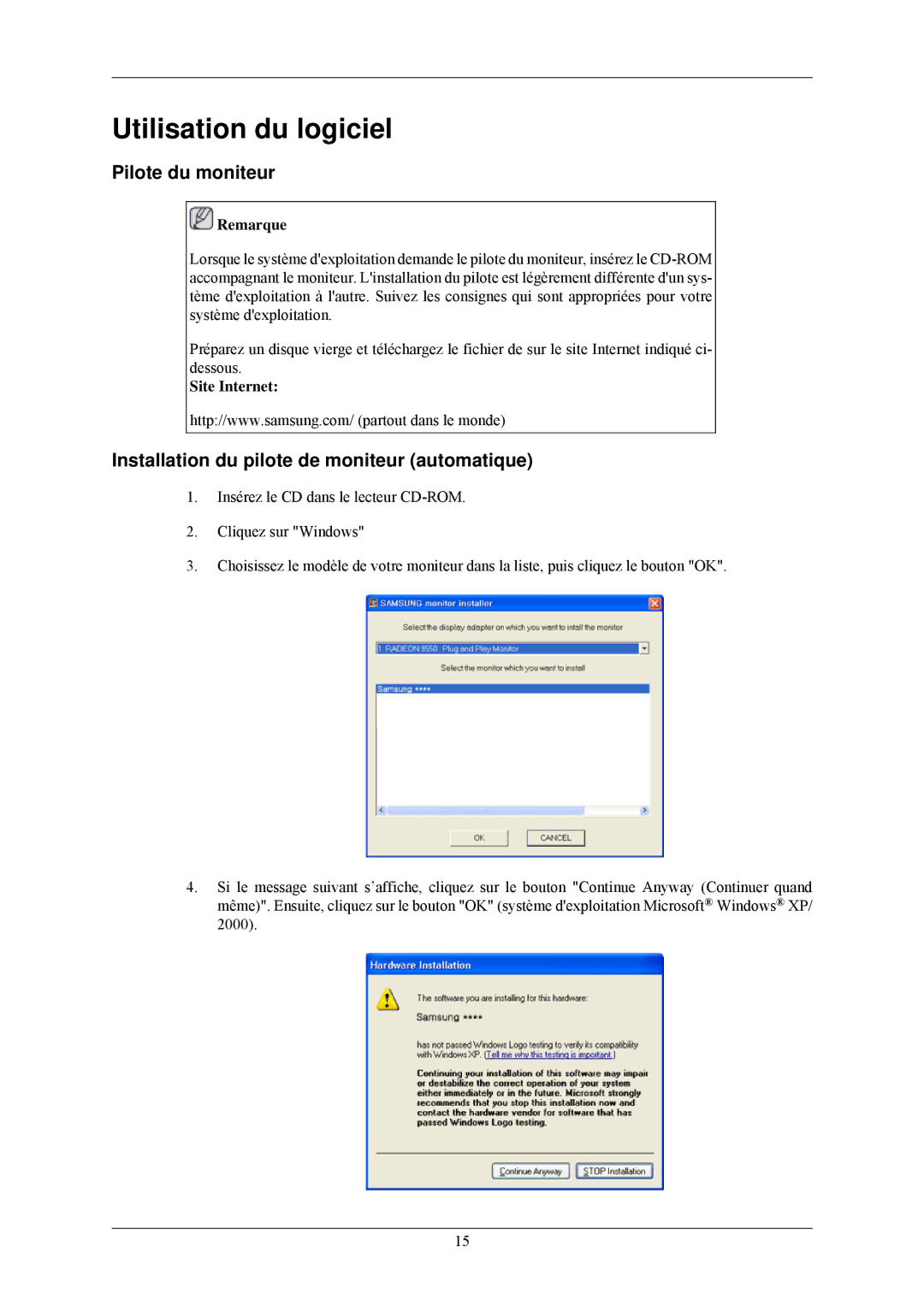 Samsung LS19CMYKFZ/EN manual Utilisation du logiciel, Pilote du moniteur, Installation du pilote de moniteur automatique 