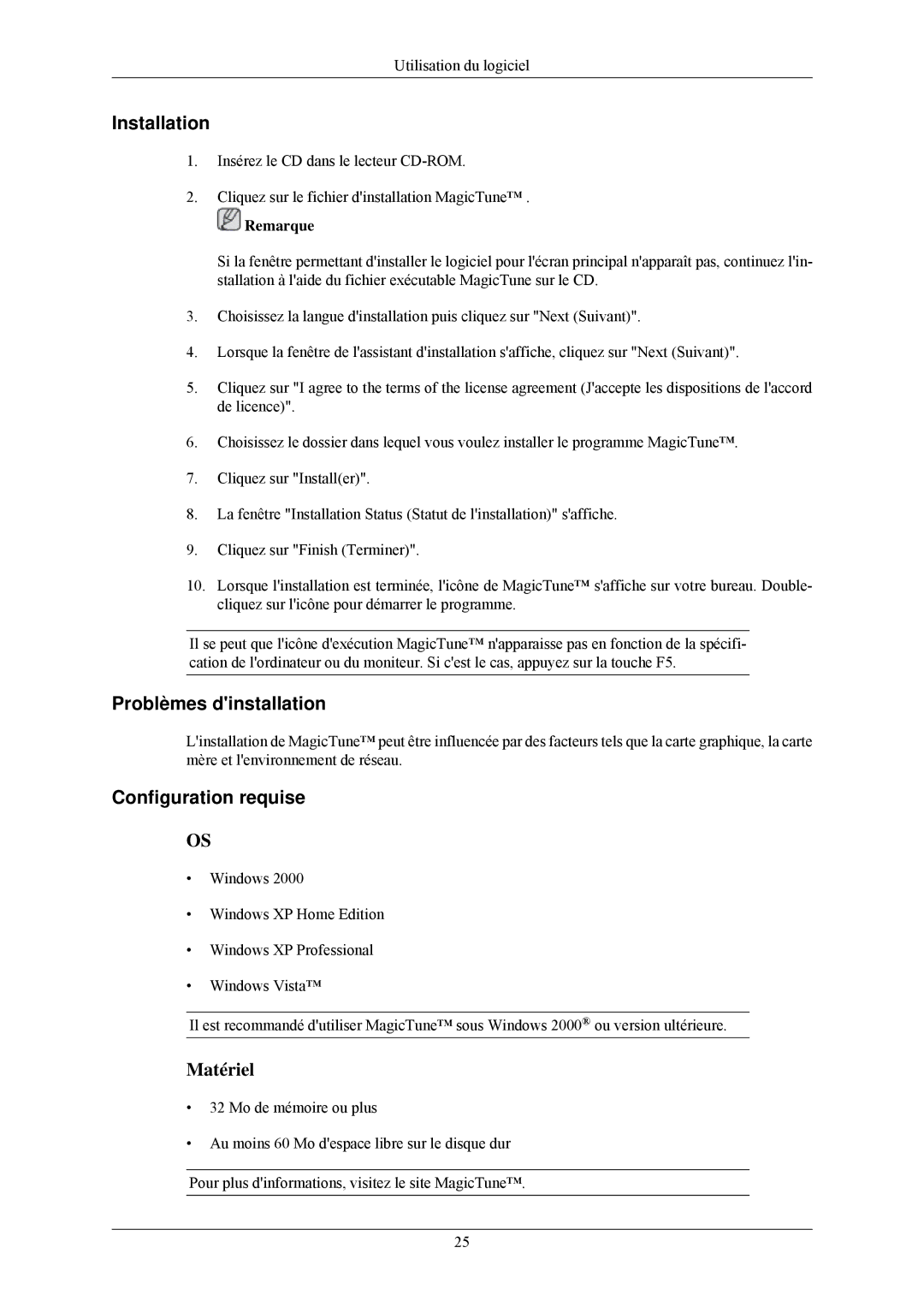 Samsung LS19CMYKFNA/EN, LS19CMYKF/EN, LS19CMYKFZ/EN manual Problèmes dinstallation, Configuration requise 