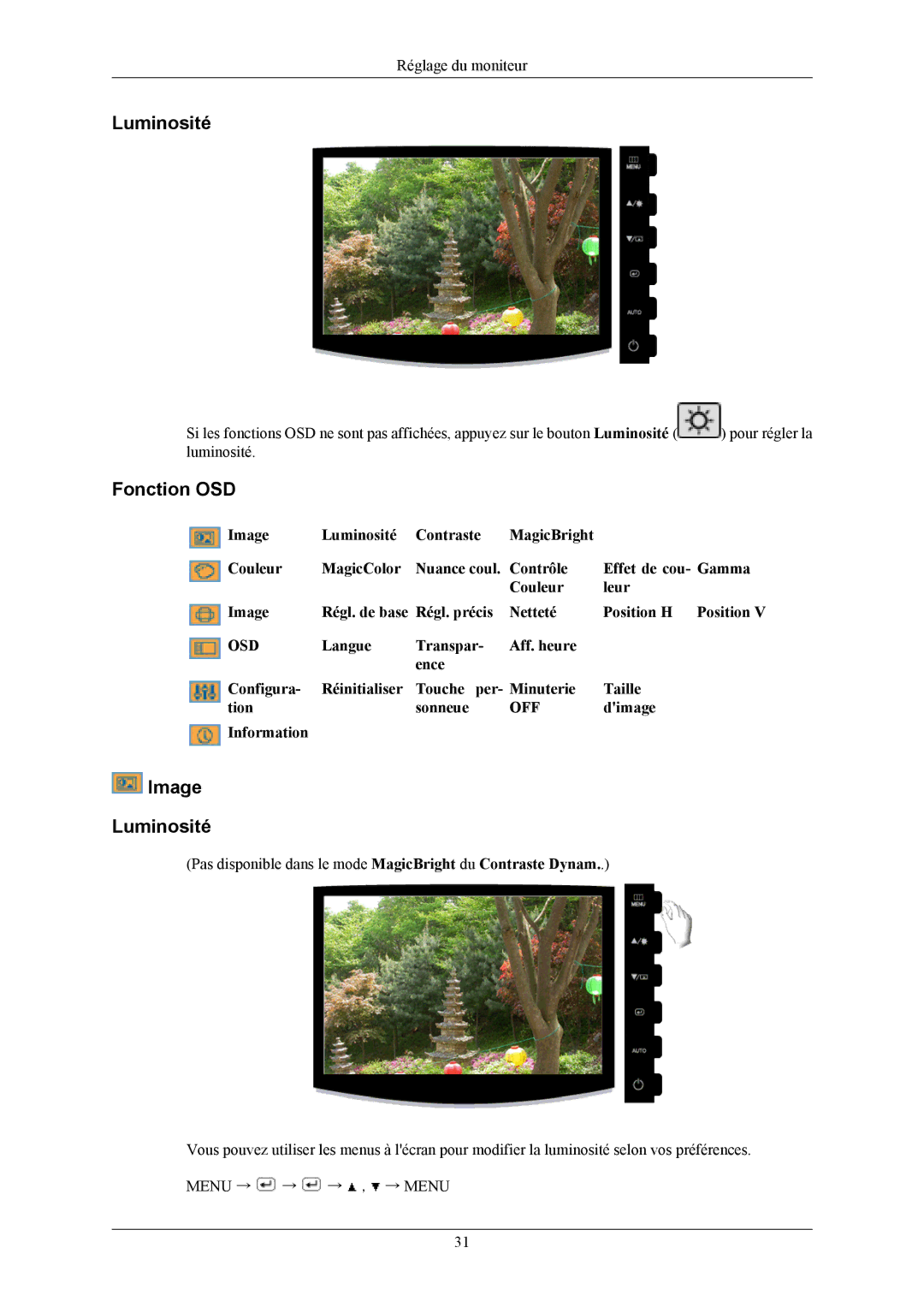 Samsung LS19CMYKFZ/EN, LS19CMYKFNA/EN, LS19CMYKF/EN manual Fonction OSD, Image Luminosité, Dimage, Information 