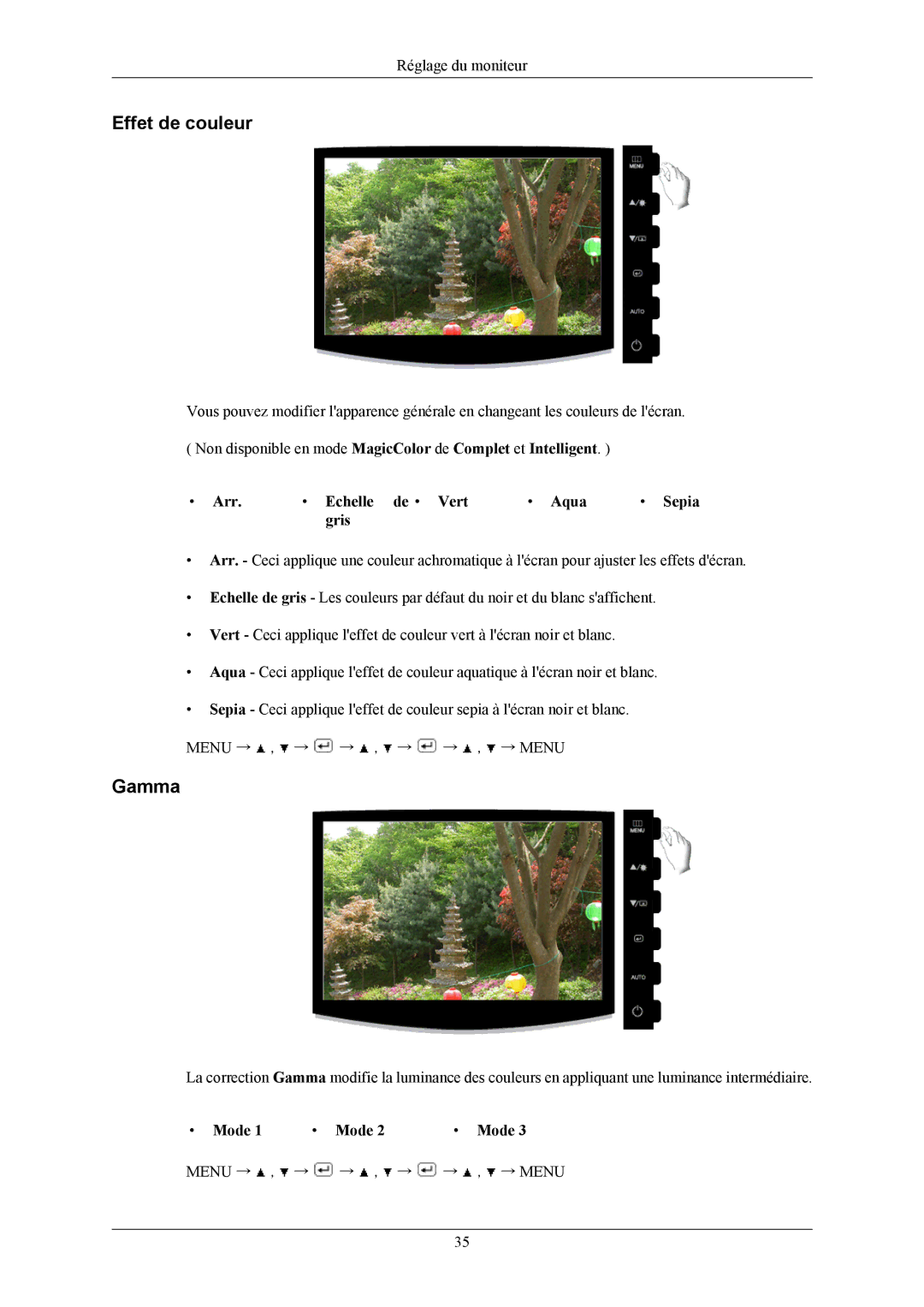 Samsung LS19CMYKFNA/EN, LS19CMYKF/EN, LS19CMYKFZ/EN manual Effet de couleur, Gamma, Arr Echelle de Vert Aqua Sepia Gris, Mode 