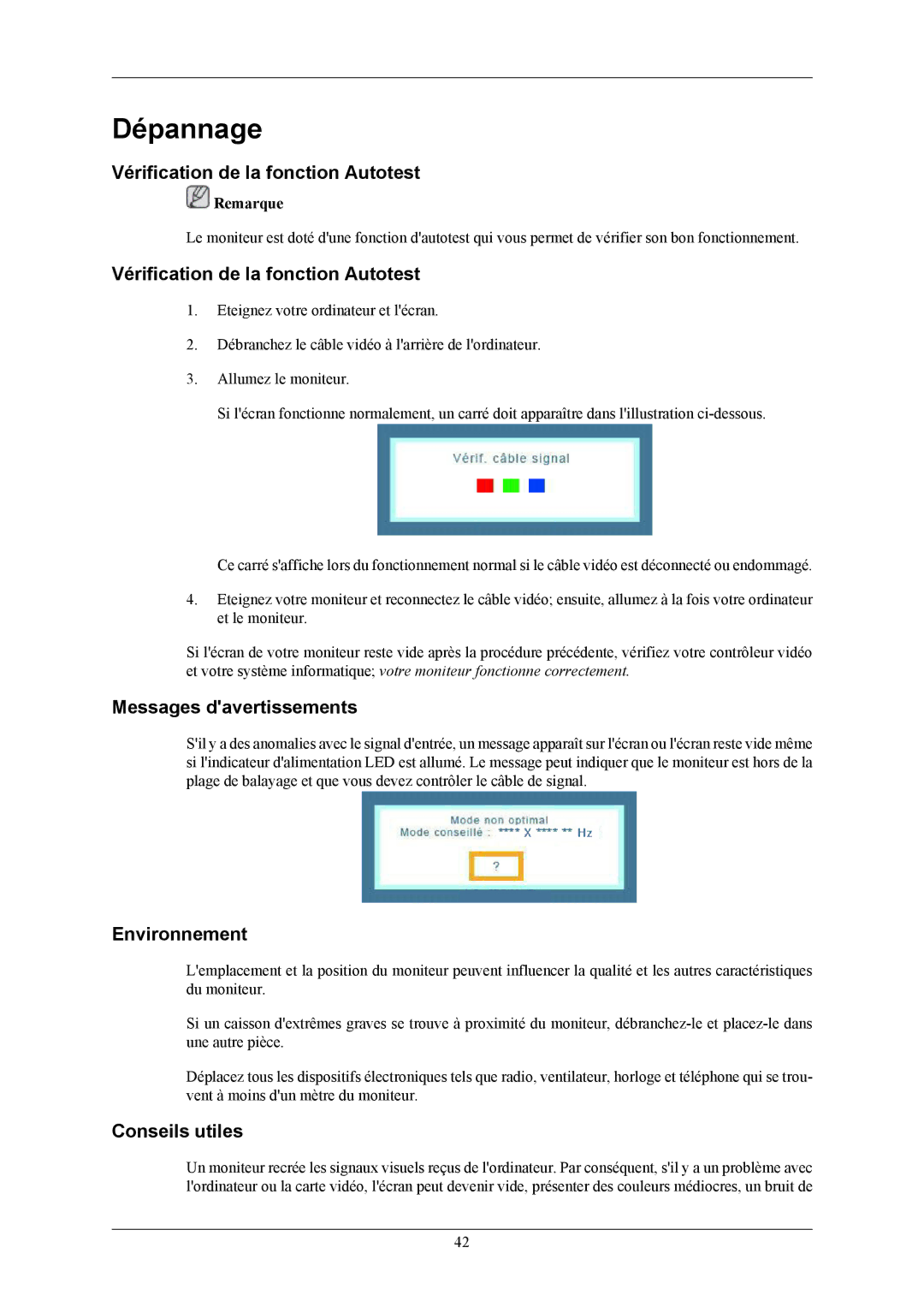 Samsung LS19CMYKF/EN manual Dépannage, Vérification de la fonction Autotest, Messages davertissements, Environnement 