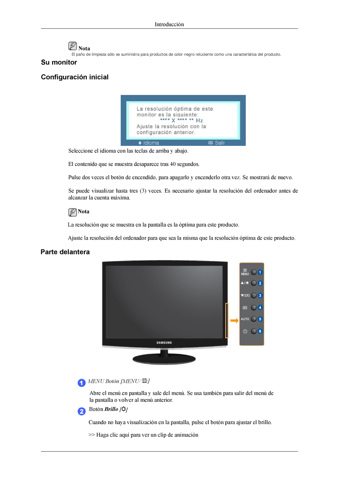 Samsung LS19CMYKFZ/EN, LS19CMYKFNA/EN, LS19CMYKF/EN manual Su monitor Configuración inicial, Parte delantera 