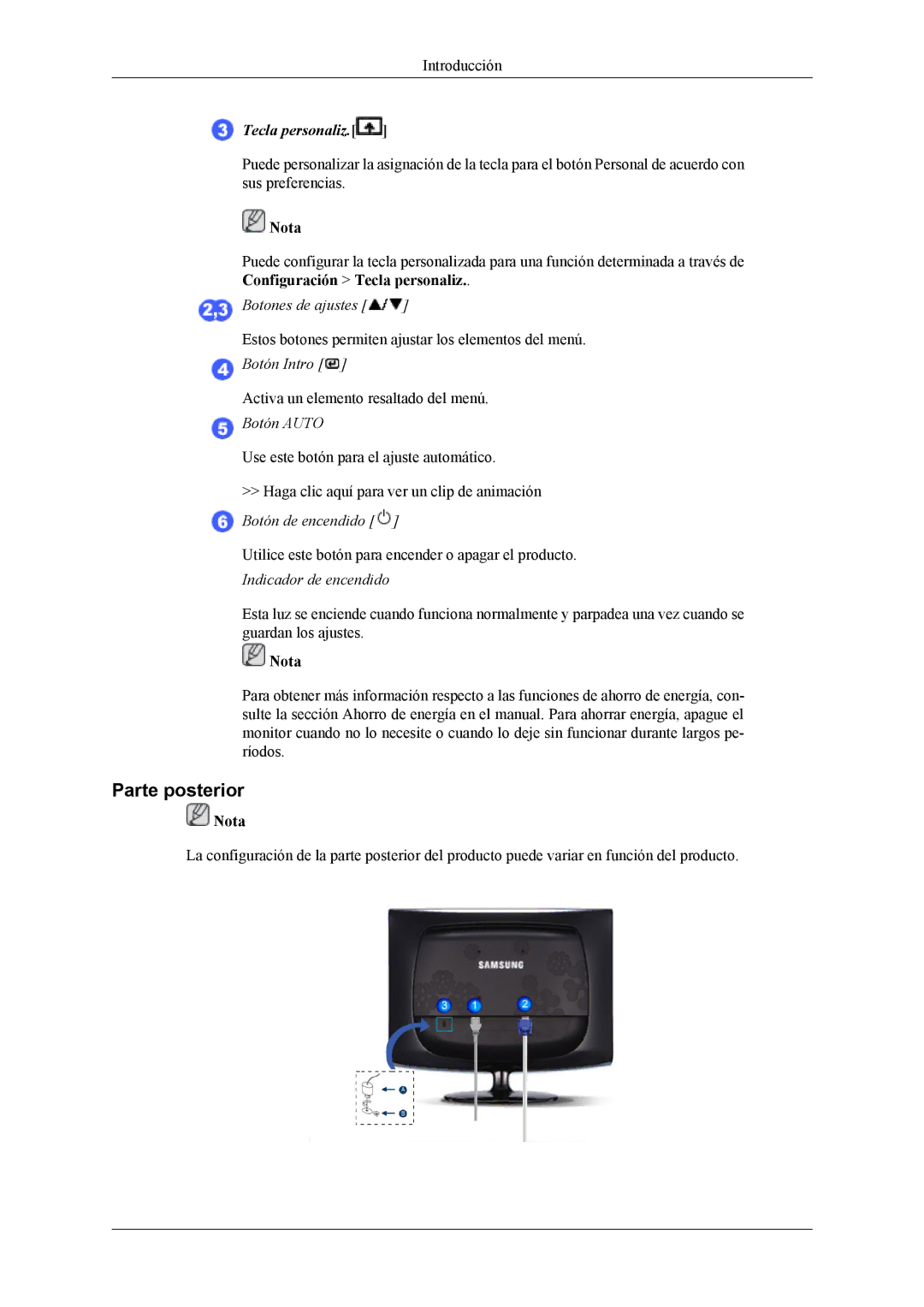 Samsung LS19CMYKFNA/EN, LS19CMYKF/EN, LS19CMYKFZ/EN manual Parte posterior, Tecla personaliz 