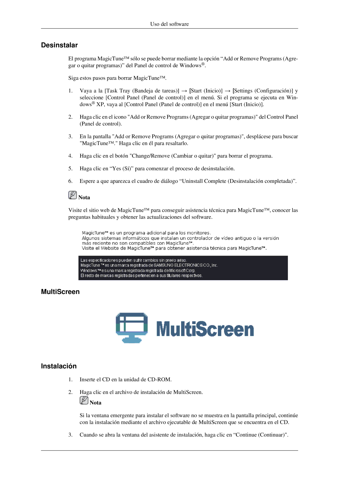 Samsung LS19CMYKF/EN, LS19CMYKFNA/EN, LS19CMYKFZ/EN manual Desinstalar, MultiScreen Instalación 