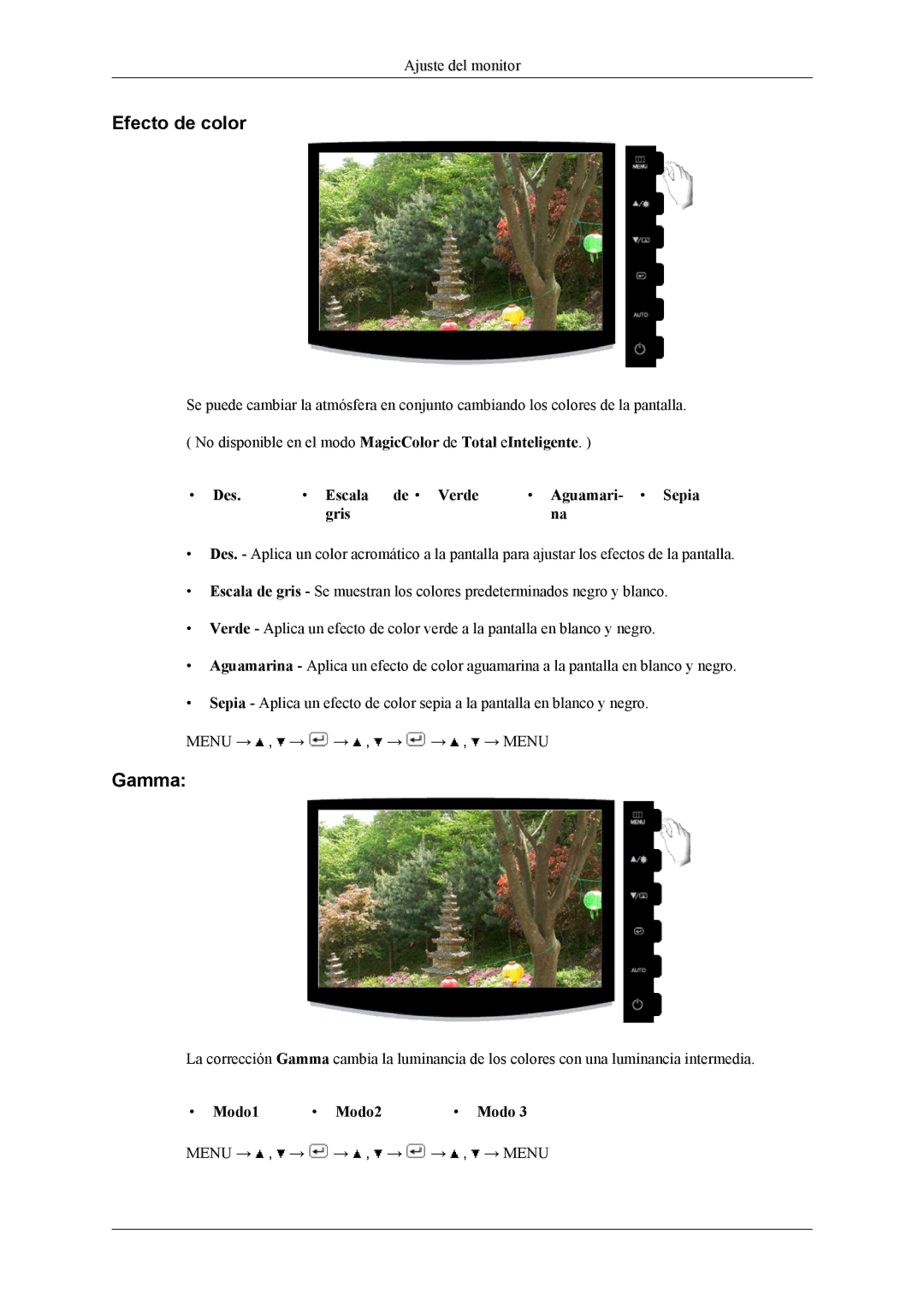 Samsung LS19CMYKFNA/EN, LS19CMYKF/EN manual Efecto de color, Gamma, Des Escala de Verde Aguamari- Sepia Gris, Modo1 Modo2 