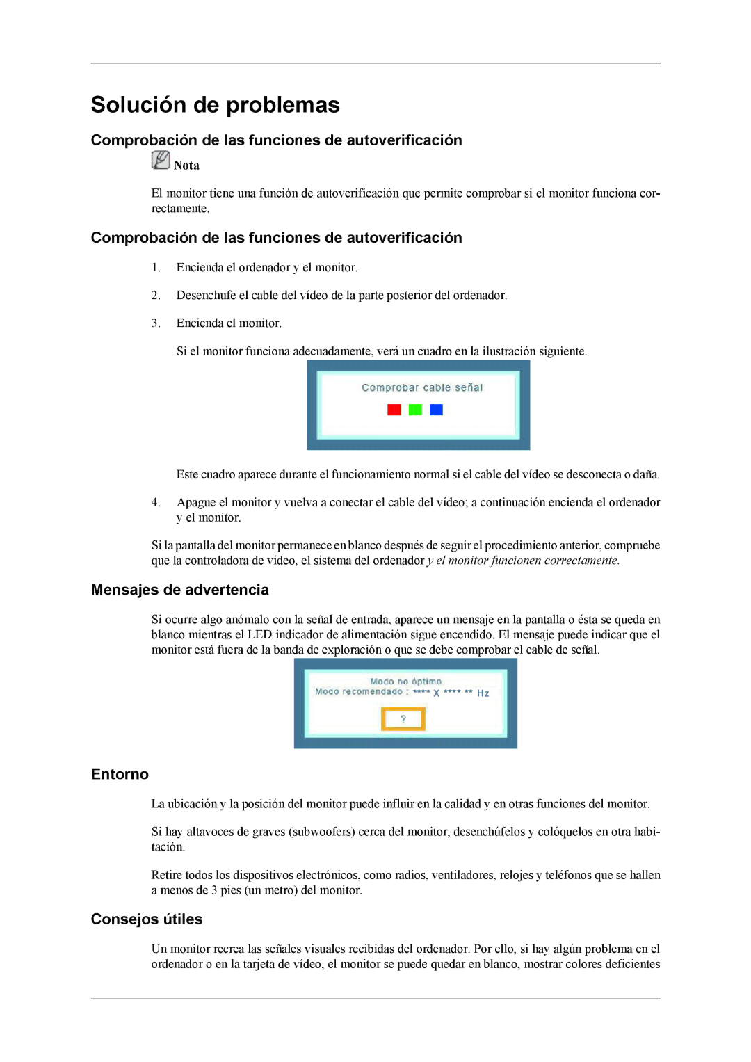 Samsung LS19CMYKF/EN Solución de problemas, Comprobación de las funciones de autoverificación, Mensajes de advertencia 