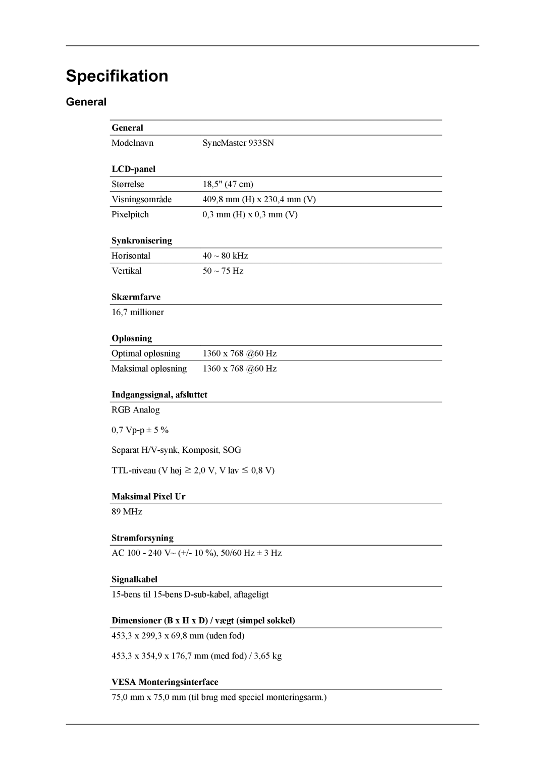 Samsung LS19CMYKFNA/EN, LS19CMYKF/EN, LS19CMYKFZ/EN manual Specifikation, General 