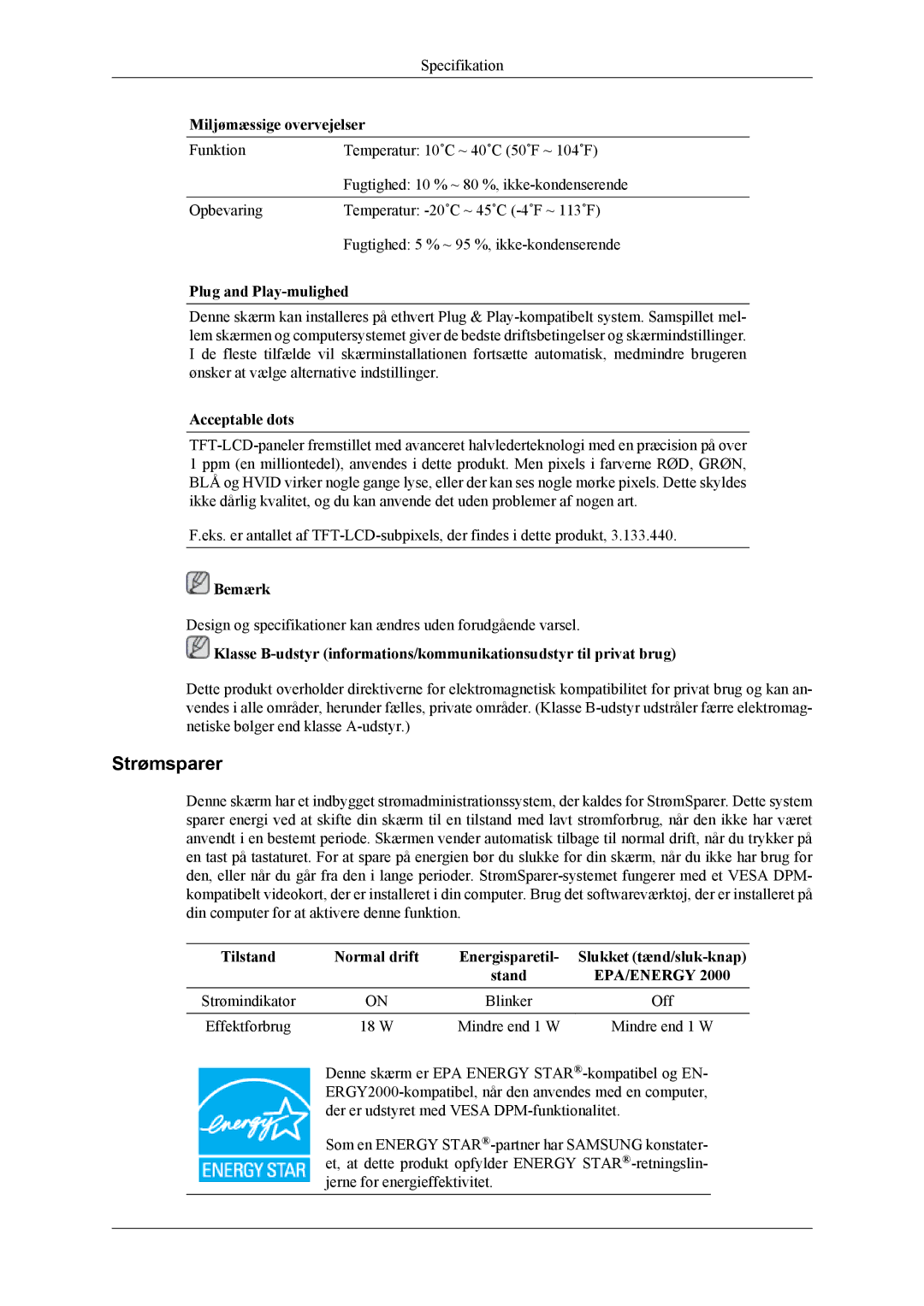Samsung LS19CMYKF/EN, LS19CMYKFNA/EN manual Strømsparer, Miljømæssige overvejelser, Plug and Play-mulighed, Acceptable dots 