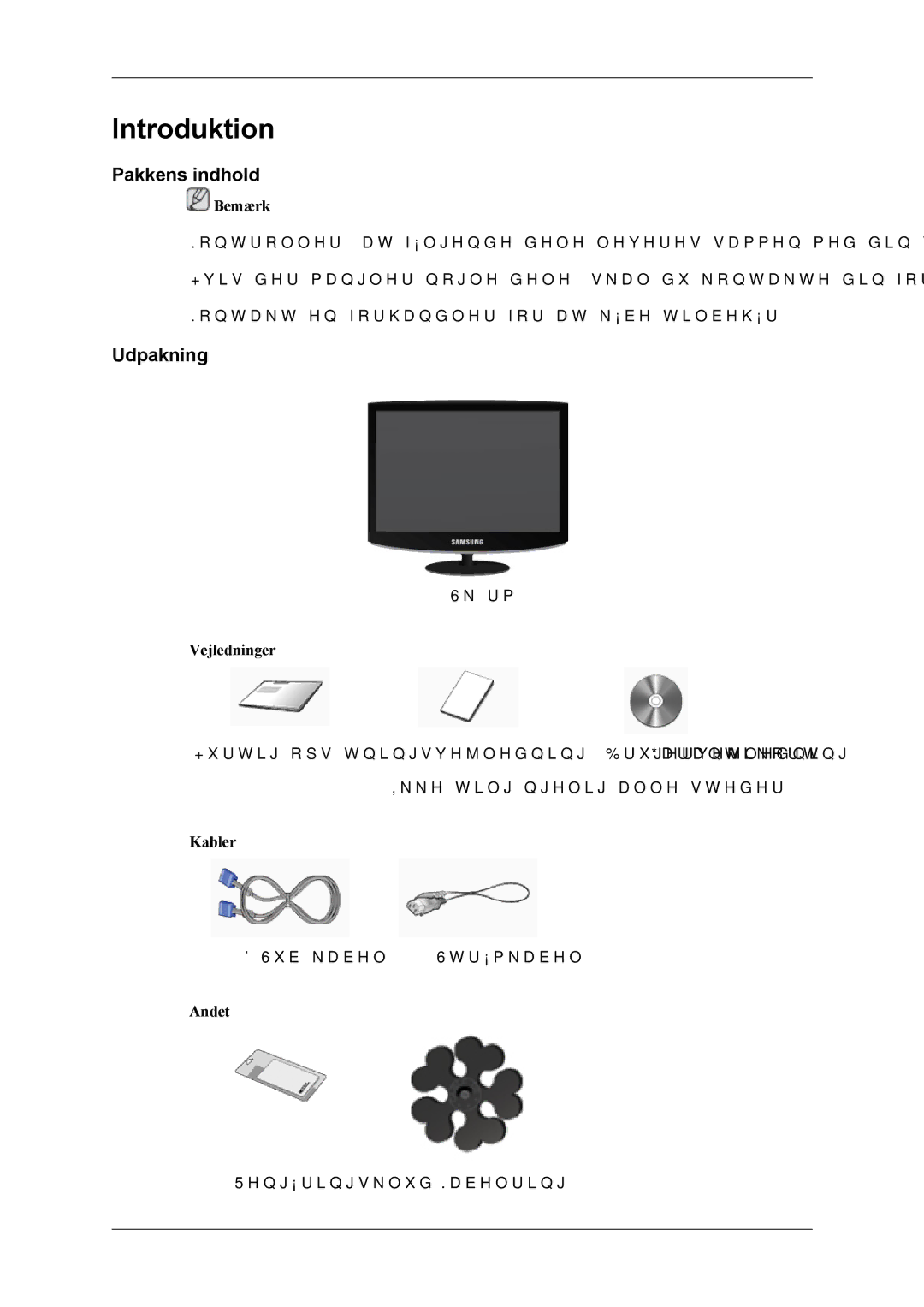 Samsung LS19CMYKFNA/EN, LS19CMYKF/EN, LS19CMYKFZ/EN manual Introduktion, Pakkens indhold, Udpakning 