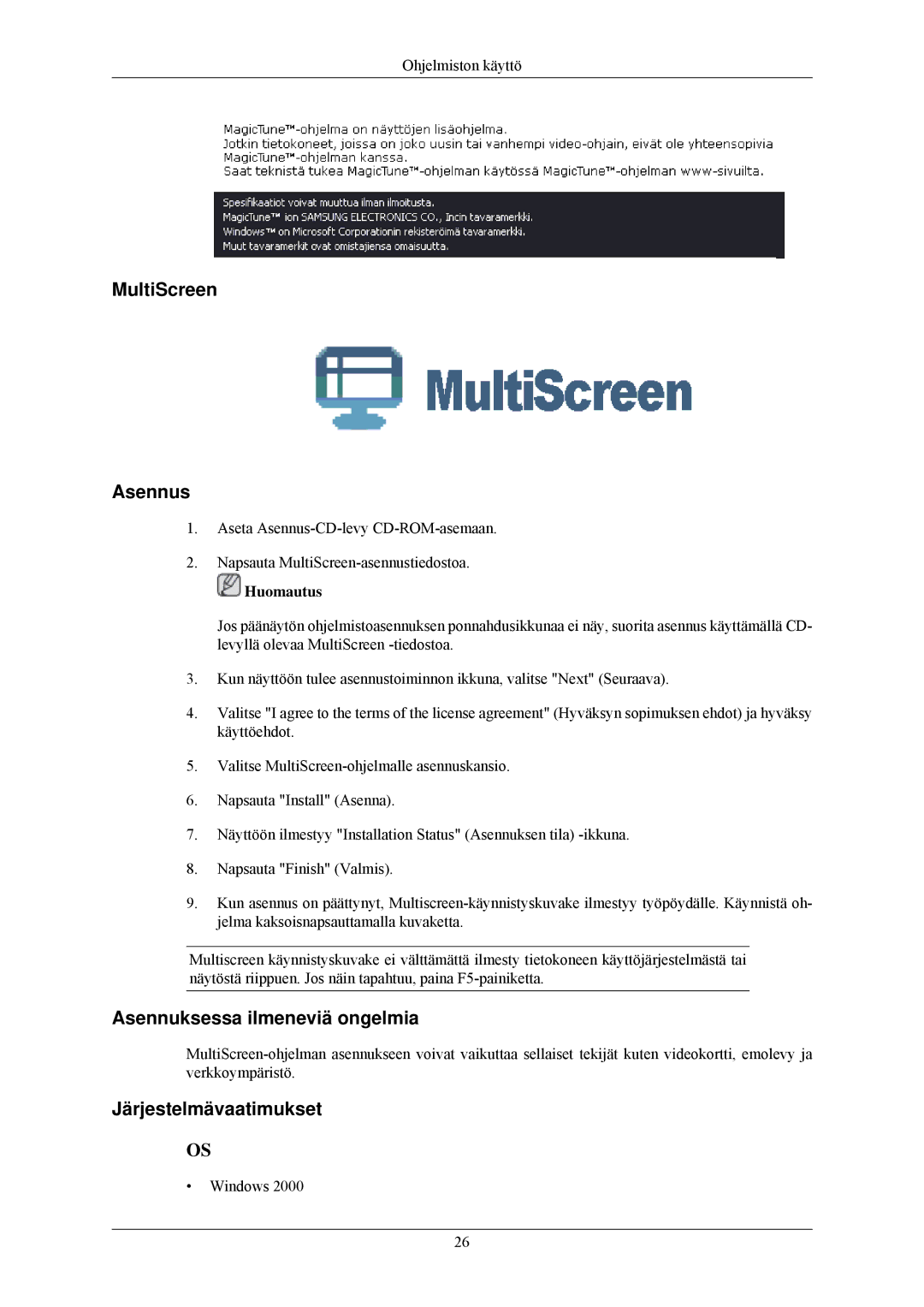 Samsung LS19CMYKF/EN, LS19CMYKFNA/EN, LS19CMYKFZ/EN manual MultiScreen Asennus 