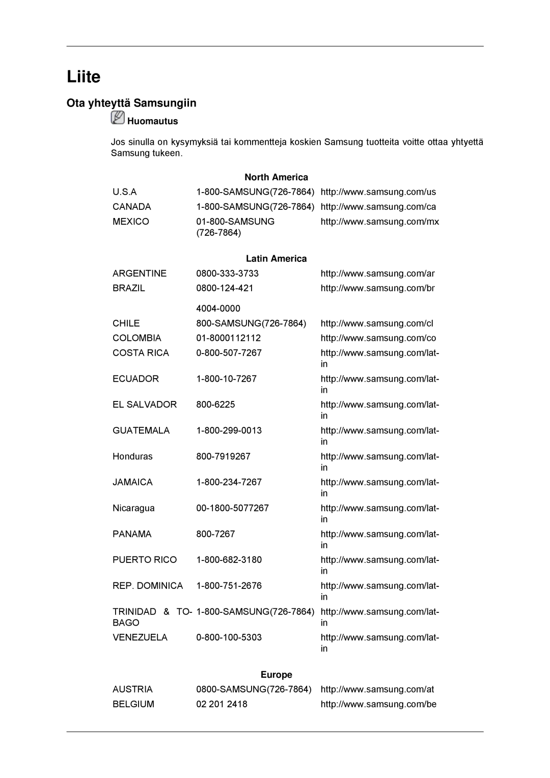 Samsung LS19CMYKFZ/EN, LS19CMYKFNA/EN, LS19CMYKF/EN manual Liite, Ota yhteyttä Samsungiin 