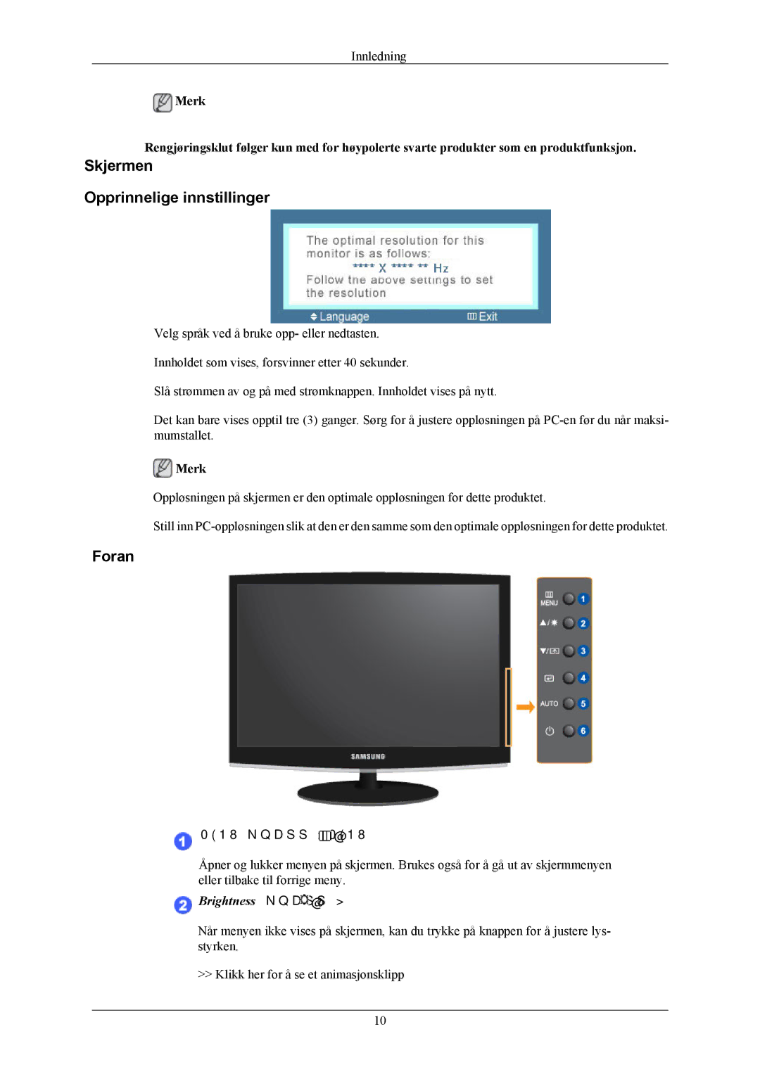 Samsung LS19CMYKFZ/EN, LS19CMYKFNA/EN, LS19CMYKF/EN manual Skjermen Opprinnelige innstillinger, Foran 