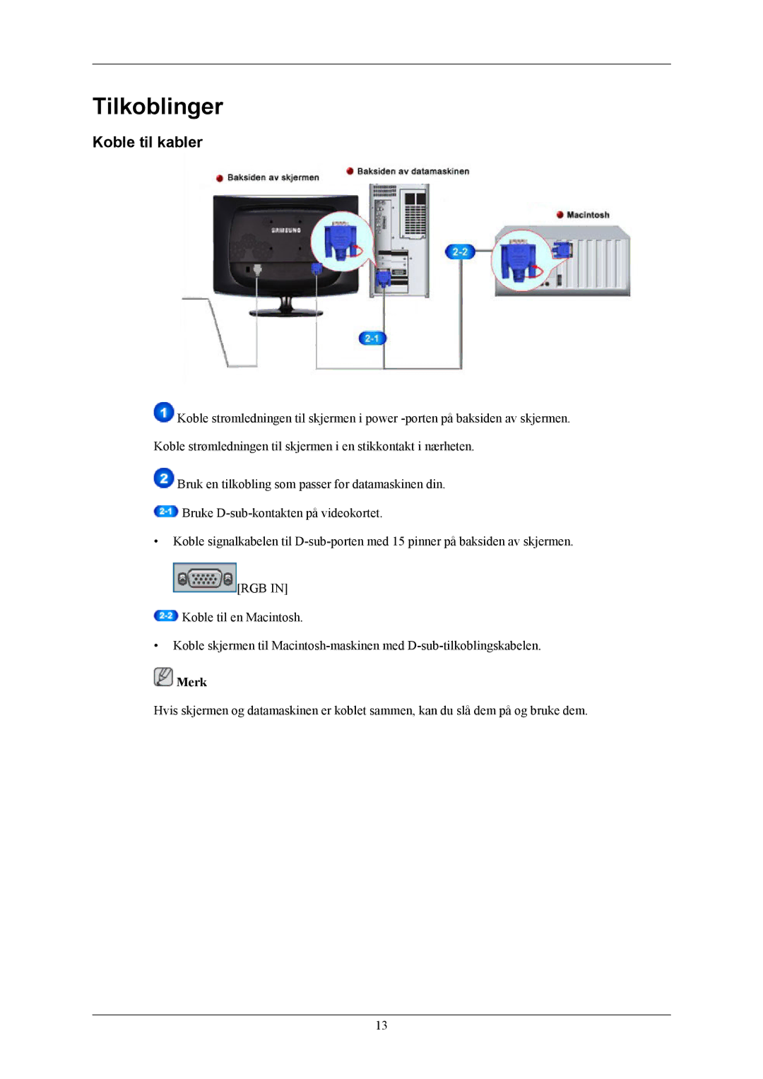 Samsung LS19CMYKFZ/EN, LS19CMYKFNA/EN, LS19CMYKF/EN manual Tilkoblinger, Koble til kabler 