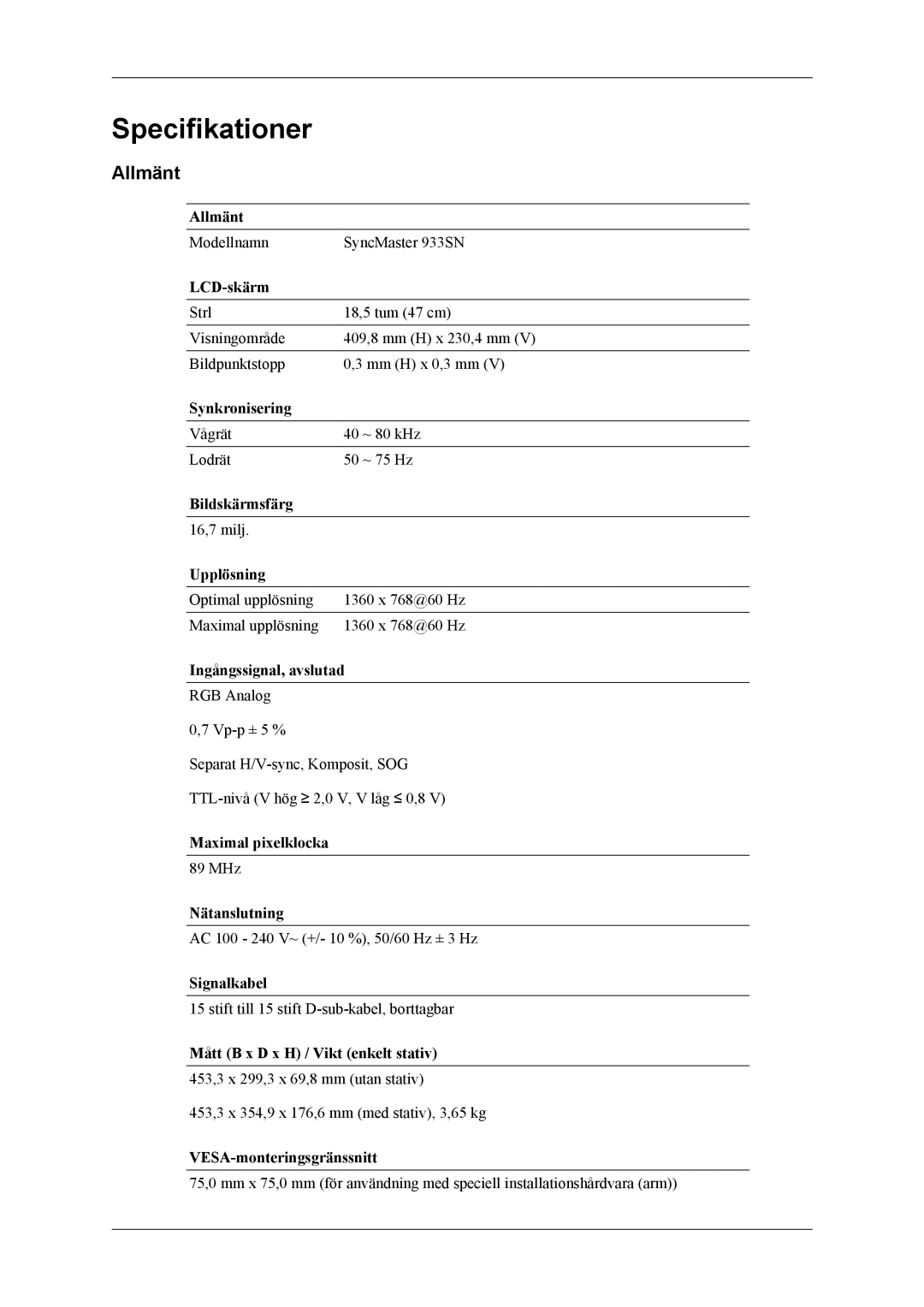 Samsung LS19CMYKFZ/EN, LS19CMYKFNA/EN, LS19CMYKF/EN manual Specifikationer, Allmänt 