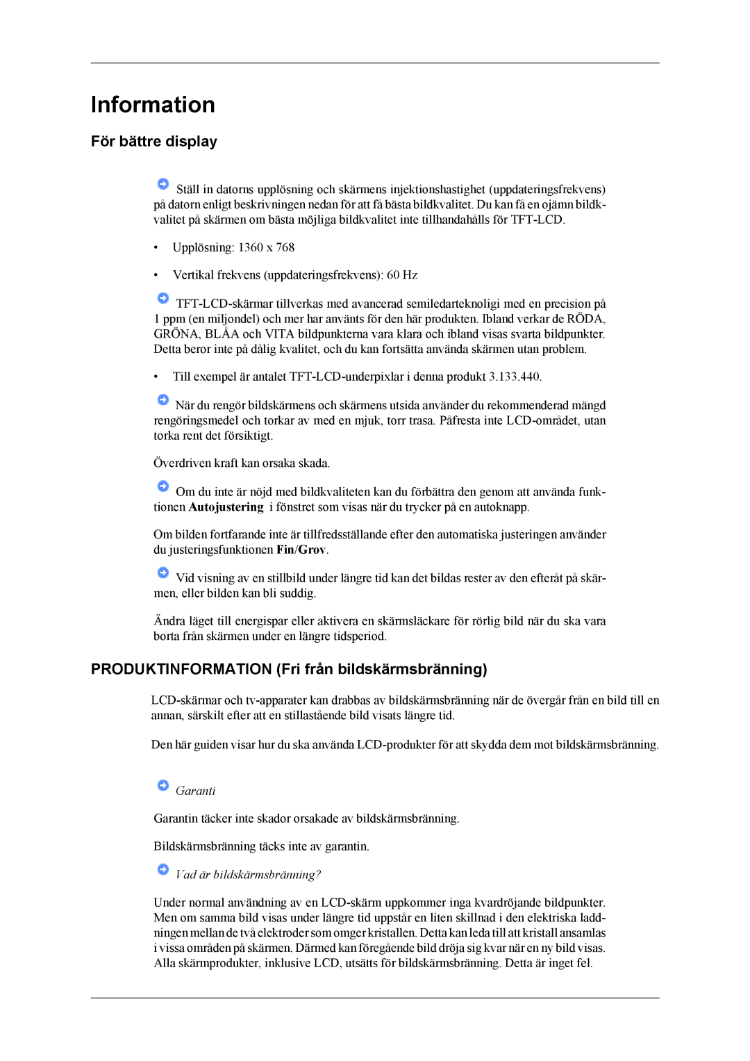 Samsung LS19CMYKFZ/EN, LS19CMYKFNA/EN manual Information, För bättre display, Produktinformation Fri från bildskärmsbränning 