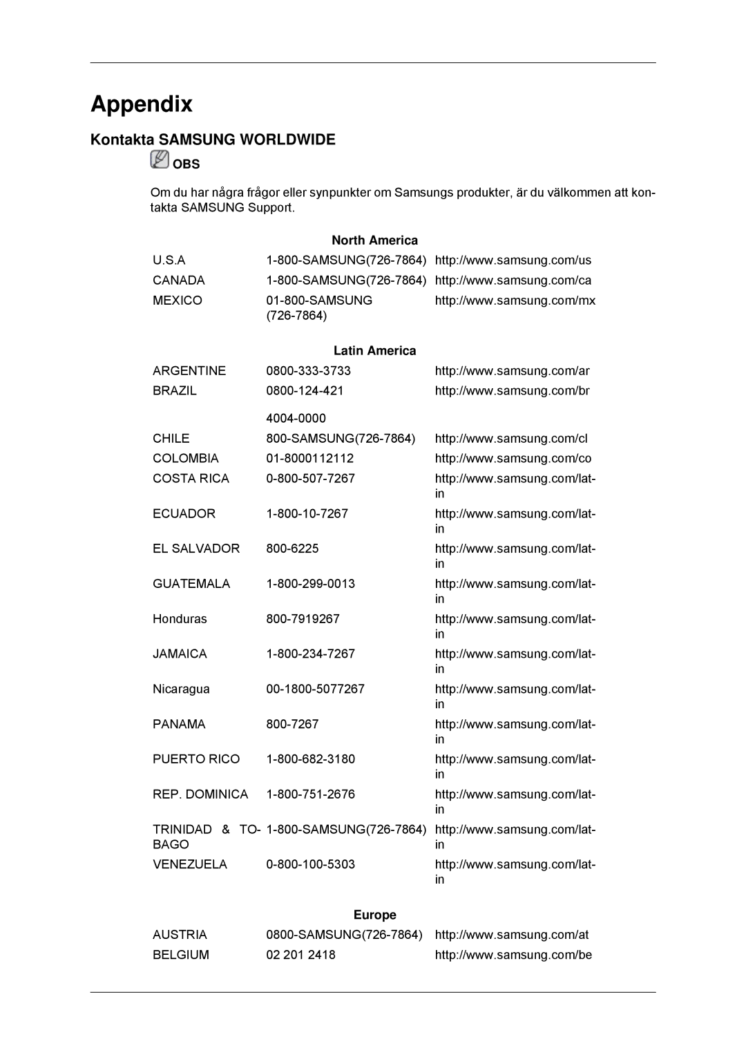 Samsung LS19CMYKFNA/EN, LS19CMYKF/EN, LS19CMYKFZ/EN manual Appendix, Kontakta Samsung Worldwide 