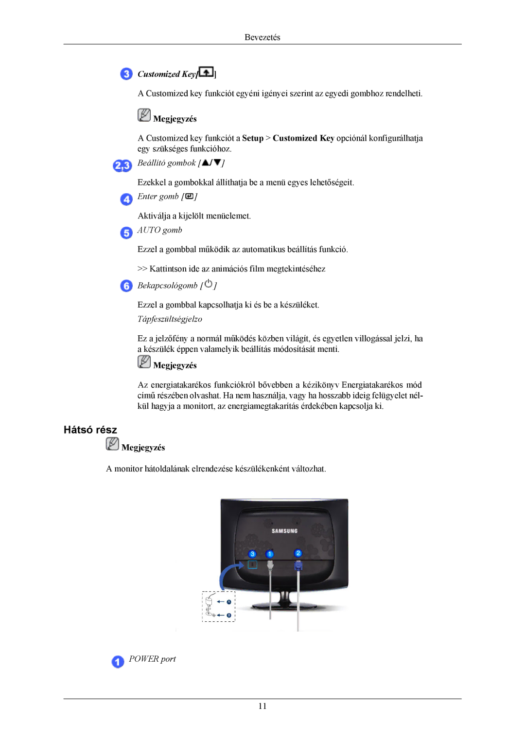 Samsung LS19CMYKFNA/EN, LS19CMYKF/EN, LS19CMYKFZ/EN manual Hátsó rész, Customized Key 