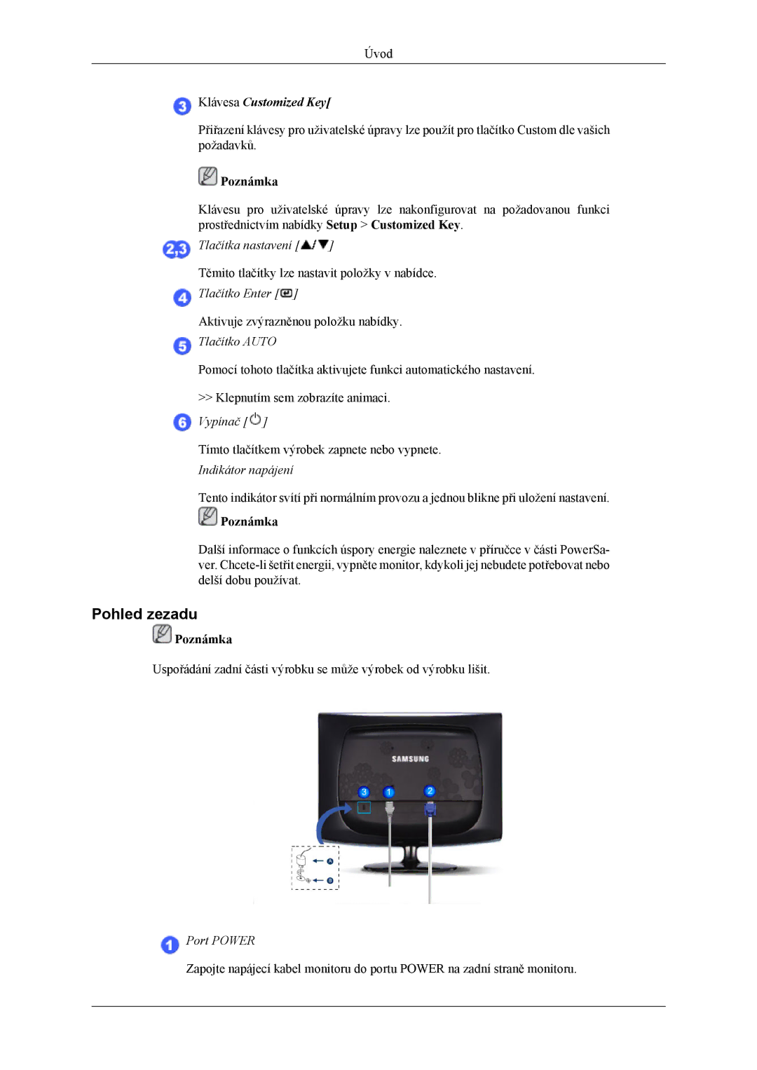 Samsung LS19CMYKFNA/EN, LS19CMYKF/EN manual Pohled zezadu, Klávesa Customized Key 