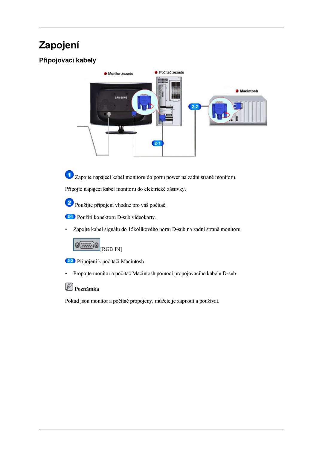 Samsung LS19CMYKFNA/EN, LS19CMYKF/EN manual Zapojení, Připojovací kabely 