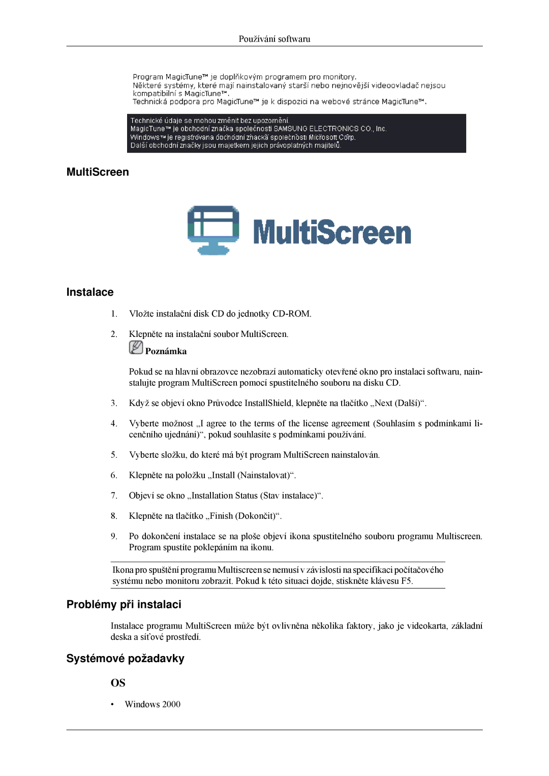 Samsung LS19CMYKFNA/EN, LS19CMYKF/EN manual MultiScreen Instalace 