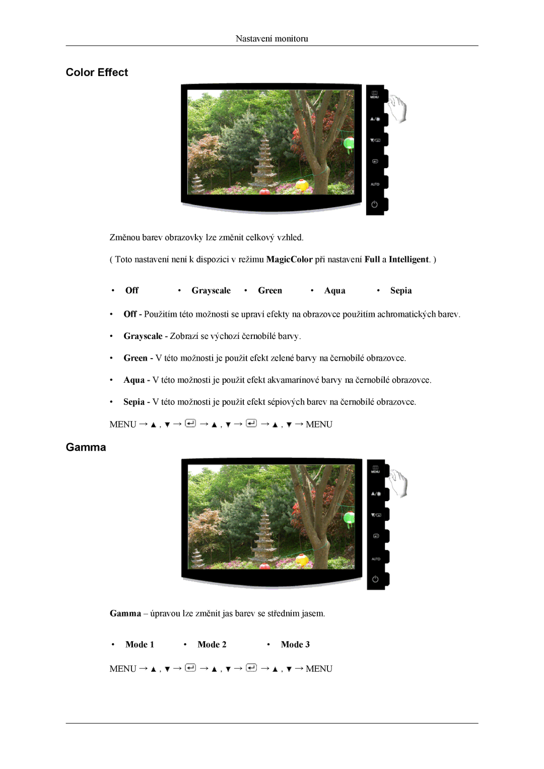 Samsung LS19CMYKFNA/EN, LS19CMYKF/EN manual Color Effect, Gamma, Off Grayscale Green Aqua Sepia, Mode 