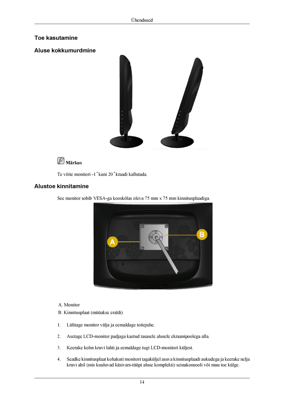 Samsung LS19CMYKFNA/EN manual Toe kasutamine Aluse kokkumurdmine, Alustoe kinnitamine 