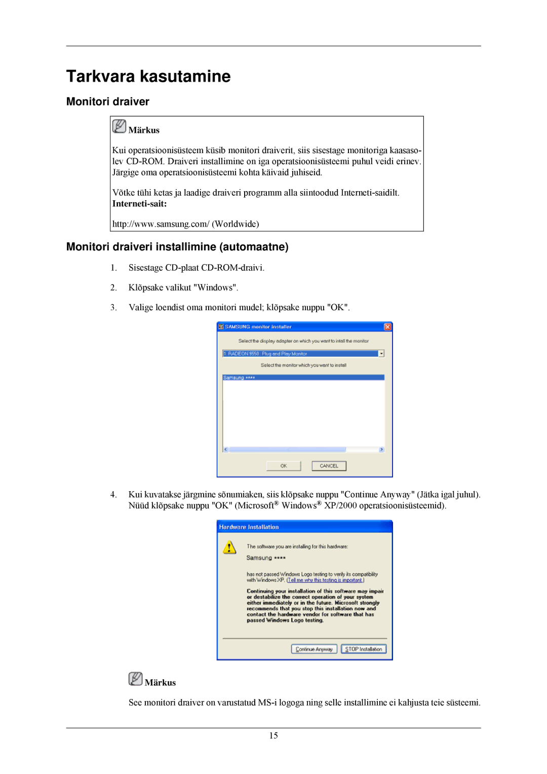 Samsung LS19CMYKFNA/EN manual Tarkvara kasutamine, Monitori draiveri installimine automaatne, Interneti-sait 