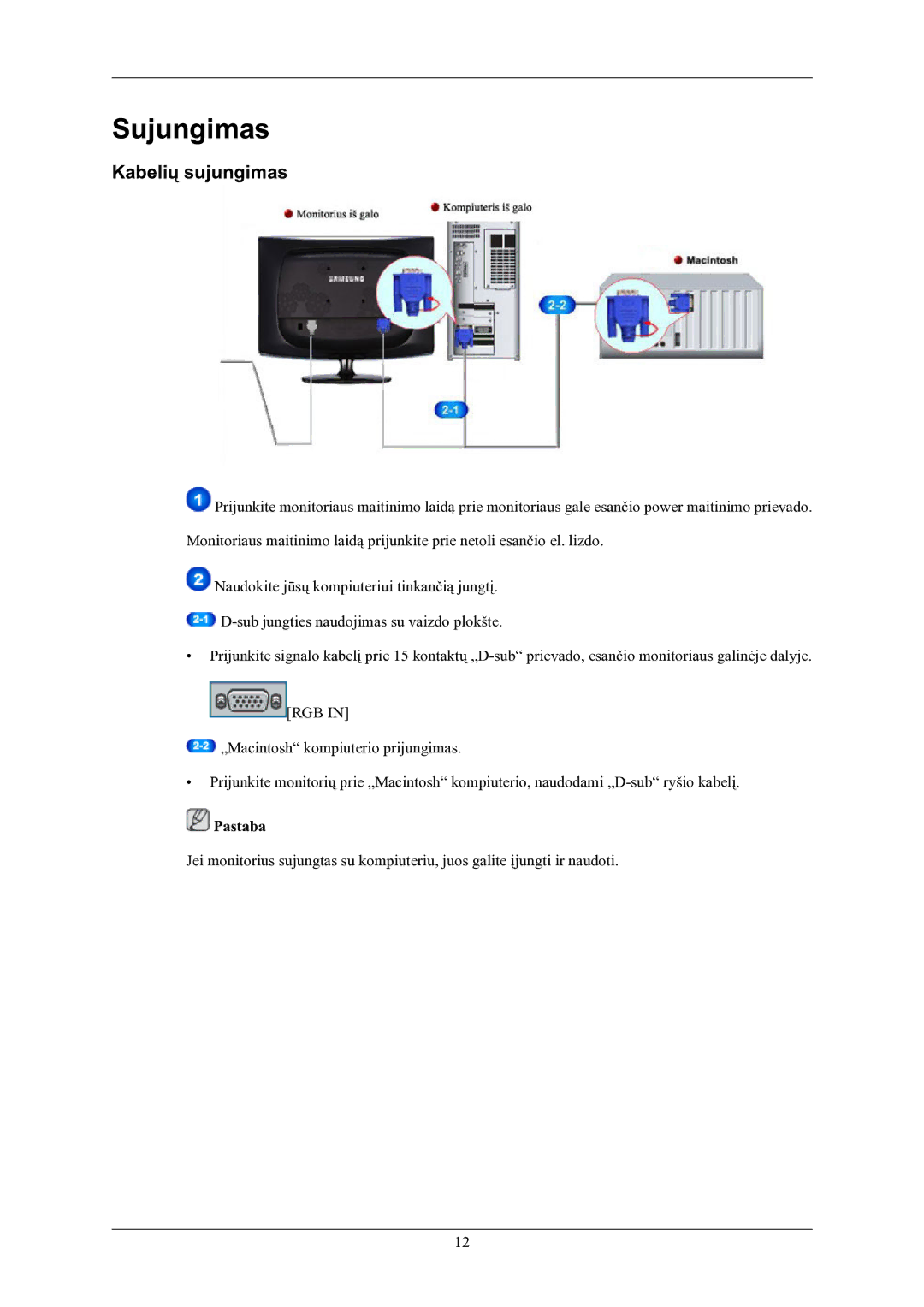 Samsung LS19CMYKFNA/EN manual Sujungimas, Kabelių sujungimas 