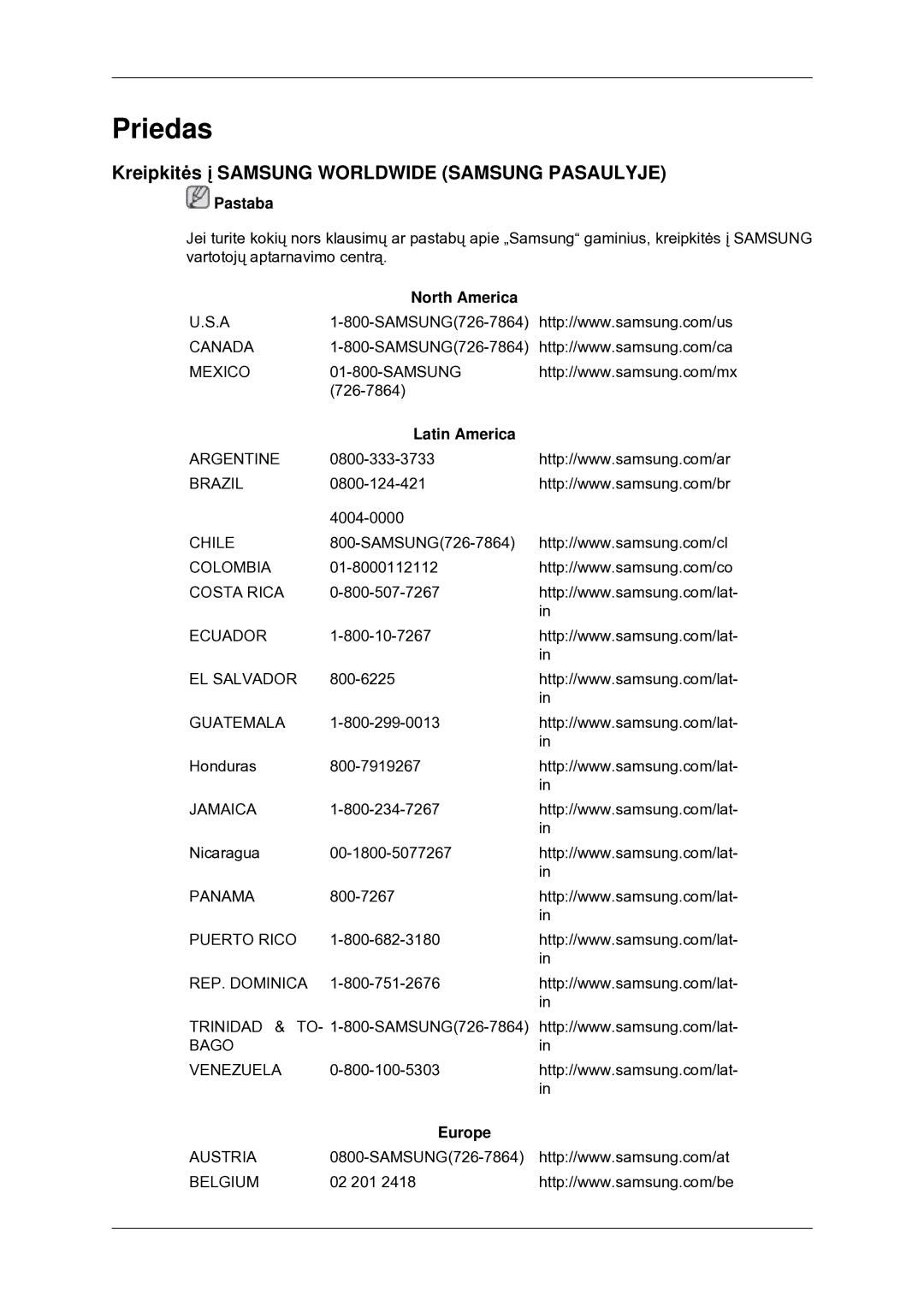 Samsung LS19CMYKFNA/EN manual Priedas, Kreipkitės į Samsung Worldwide Samsung Pasaulyje 