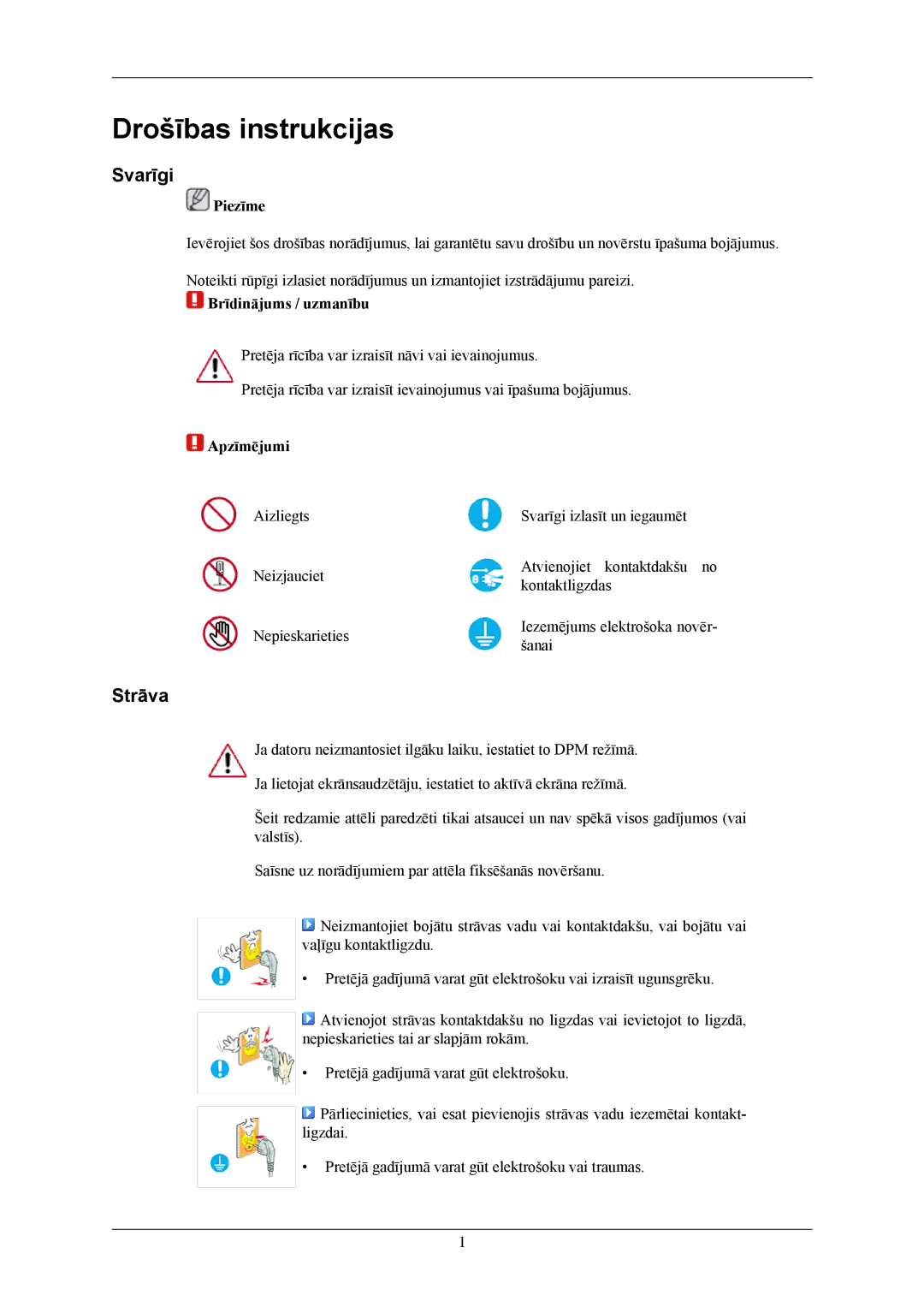 Samsung LS19CMYKFNA/EN manual Drošības instrukcijas, Svarīgi, Strāva 