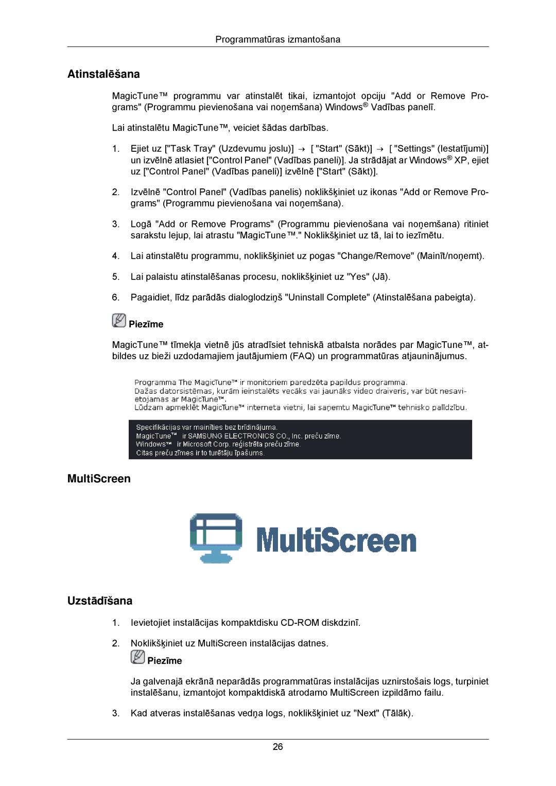 Samsung LS19CMYKFNA/EN manual Atinstalēšana, MultiScreen Uzstādīšana 