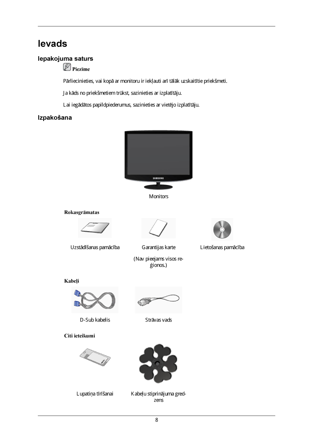 Samsung LS19CMYKFNA/EN manual Ievads, Iepakojuma saturs, Izpakošana 