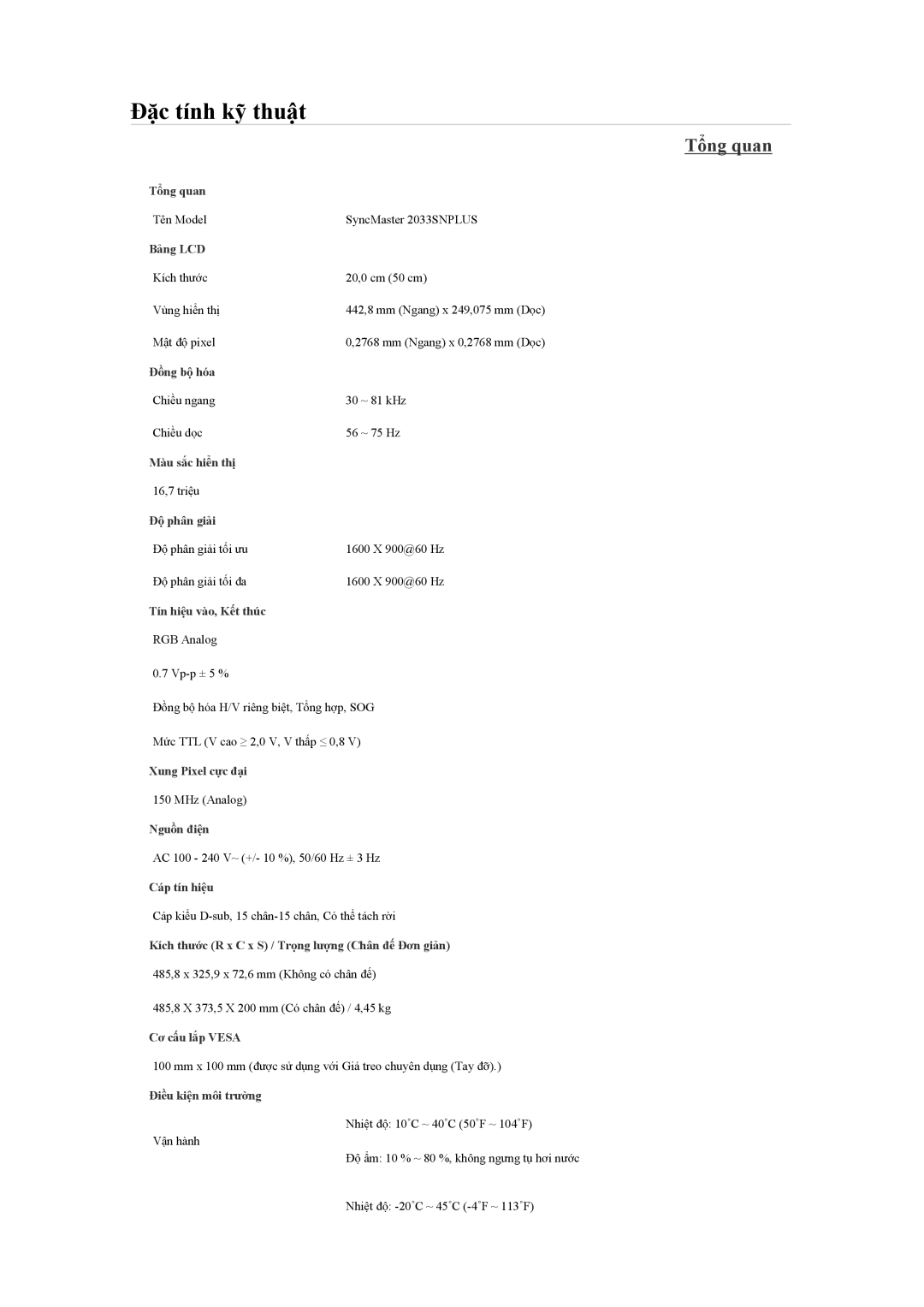 Samsung LS19CMYKFMXV, LS19CMYKFNAMXV, LS20CMYKFMXV, LS19MYYKFNAMXV, LS17CMNSFMXV manual Tên Model SyncMaster 2033SNPLUS 