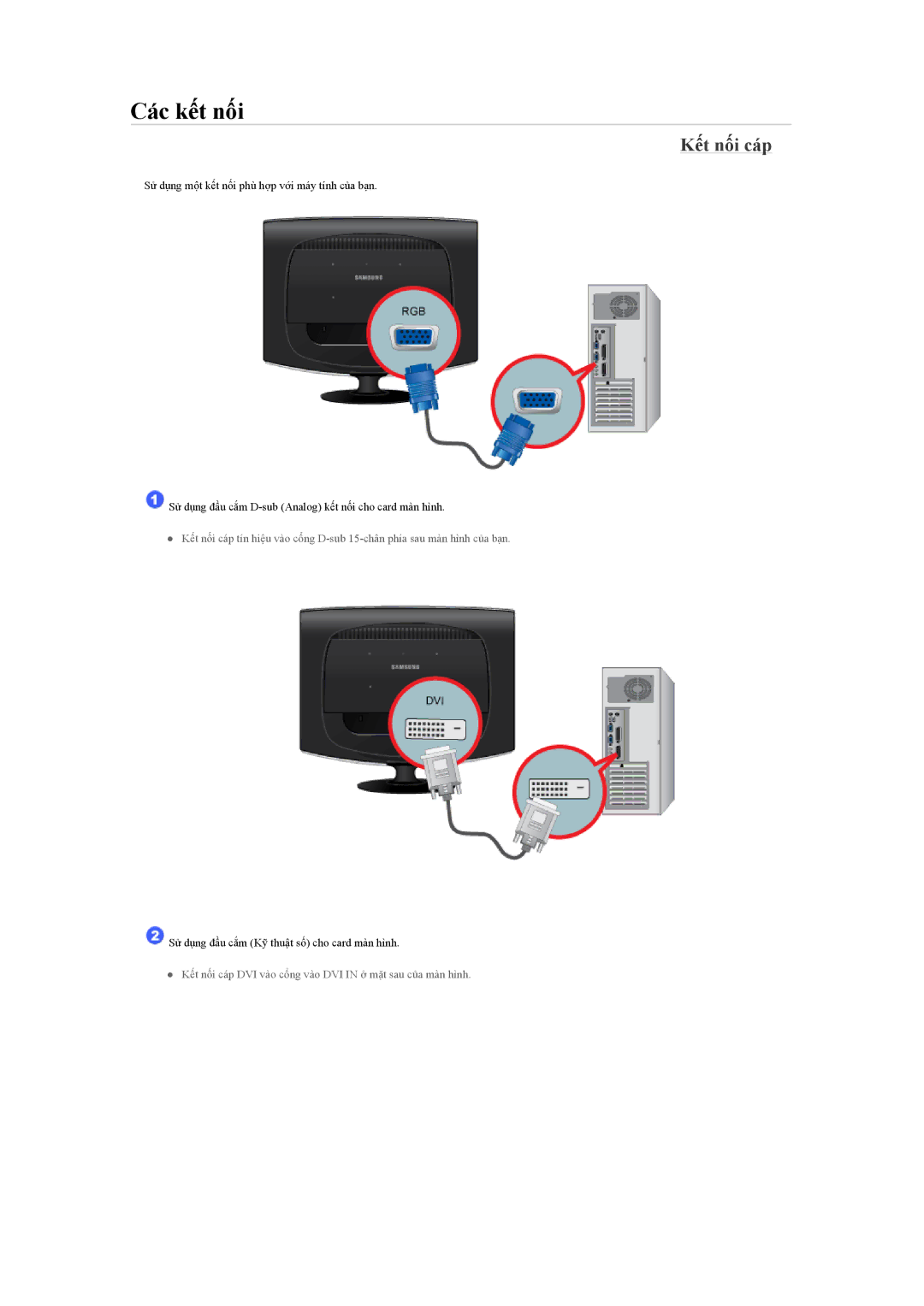 Samsung LS19MYNKF/XSV, LS19CMYKFNAMXV, LS20CMYKFMXV, LS19MYYKFNAMXV, LS19CMYKFMXV, LS17CMNSFMXV manual Các kết nối, Kết nối cáp 