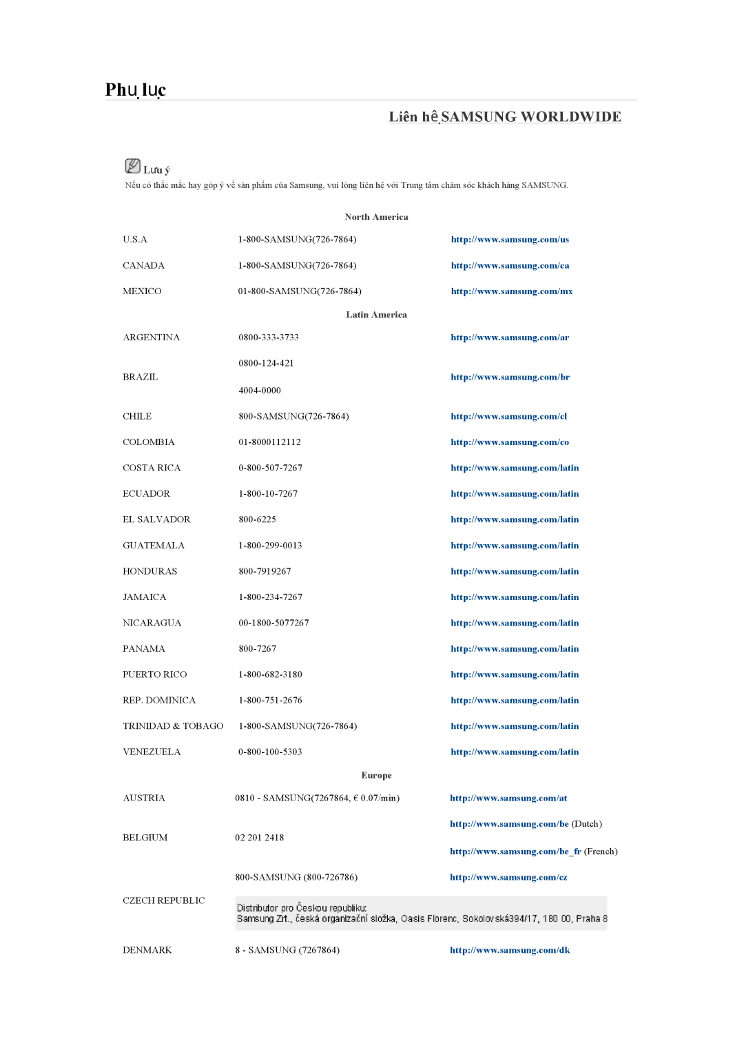 Samsung LS22MYNKF/XSV, LS19CMYKFNAMXV, LS20CMYKFMXV, LS19MYYKFNAMXV, LS19CMYKFMXV manual Phụ lục, Liên hệ Samsung Worldwide 