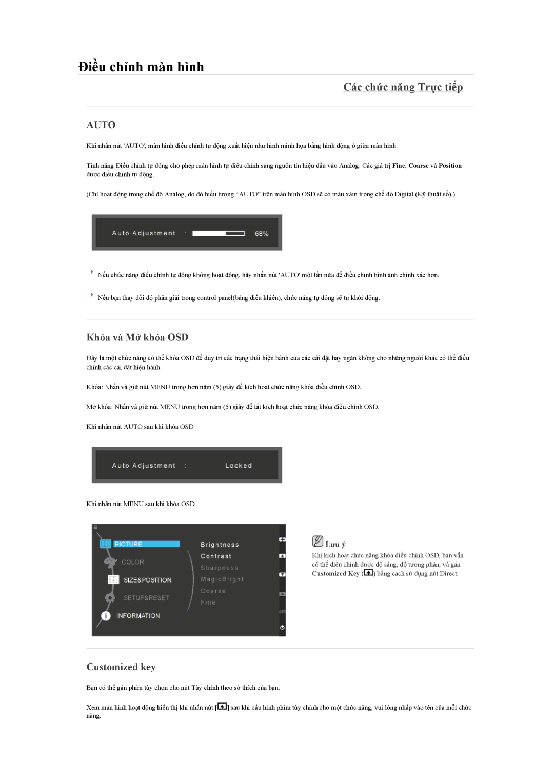 Samsung LS17MYAKFNAMXV, LS19CMYKFNAMXV, LS20CMYKFMXV manual Các chức năng Trực tiếp, Khóa và Mở khóa OSD, Customized key 