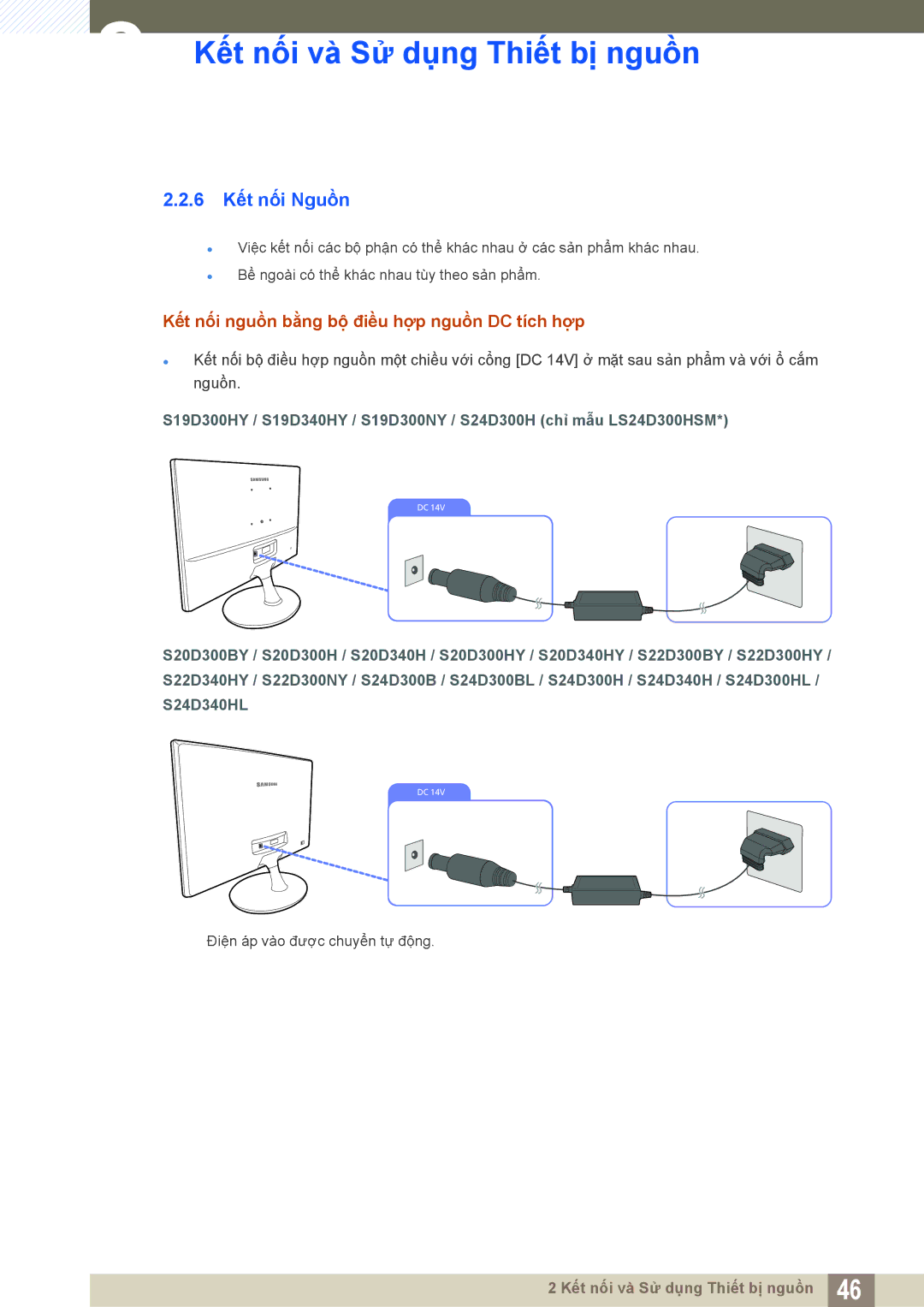 Samsung LS24D300HL/XV, LS19D300NYMXV, LS20D300HYMXV manual 6 Kết nối Nguồn, Kết nối nguồn bằng bộ điều hợp nguồn DC tích hợp 