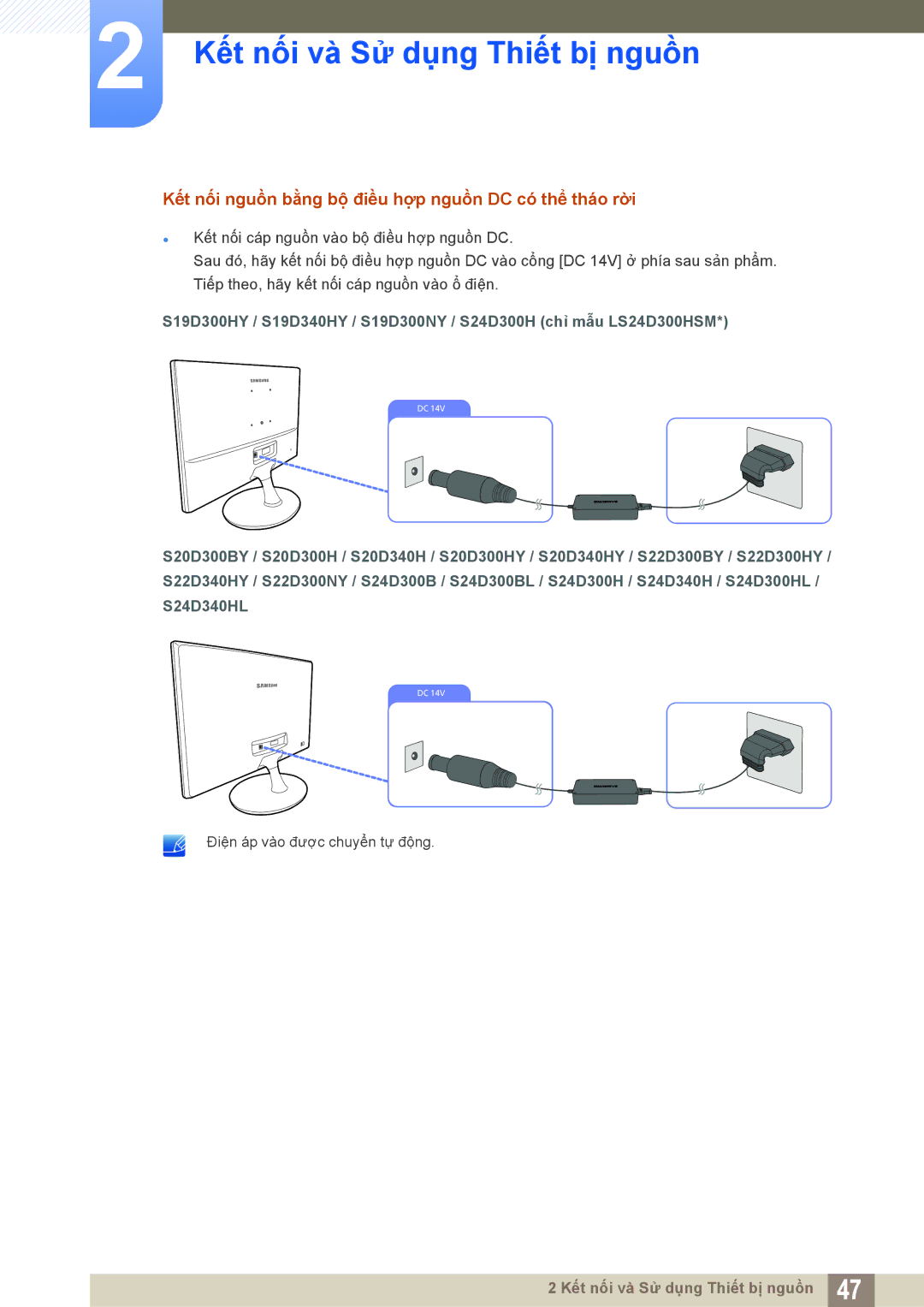 Samsung LS22D300NY/XV, LS19D300NYMXV, LS20D300HYMXV, LS24D300HL/XV Kết nối nguồn bằng bộ điều hợp nguồn DC có thể tháo rời 