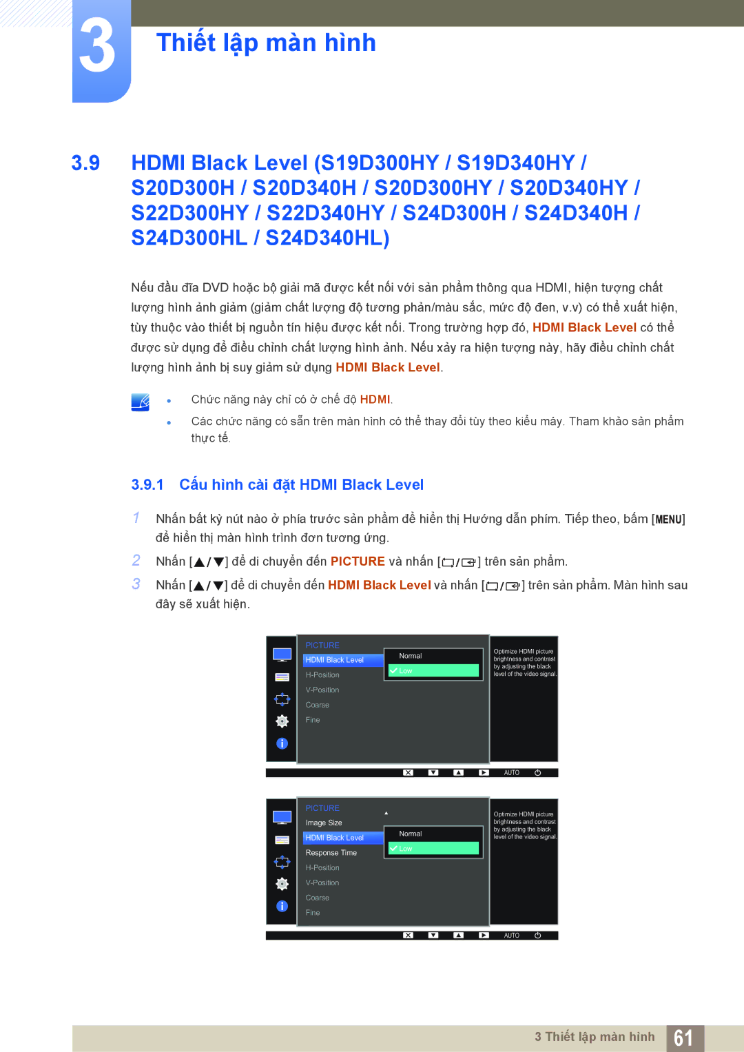 Samsung LS20D300HYMXV, LS19D300NYMXV, LS24D300HL/XV, LS22D300NY/XV manual 1 Cấu hình cài đặt Hdmi Black Level, Normal Low 