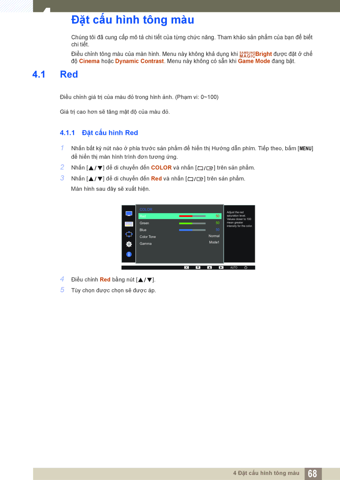 Samsung LS19D300NYMXV, LS20D300HYMXV, LS24D300HL/XV, LS22D300NY/XV manual Đặt cấu hình tông màu, 1 Đặt cấu hình Red 
