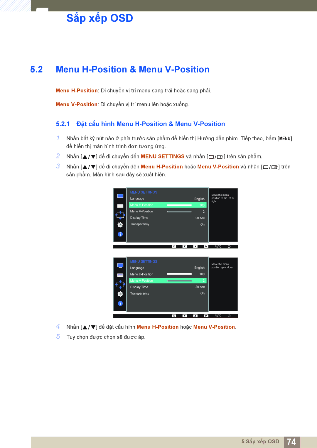 Samsung LS24D300HL/XV, LS19D300NYMXV, LS20D300HYMXV, LS22D300NY/XV manual 1 Đặt cấu hình Menu H-Position & Menu V-Position 