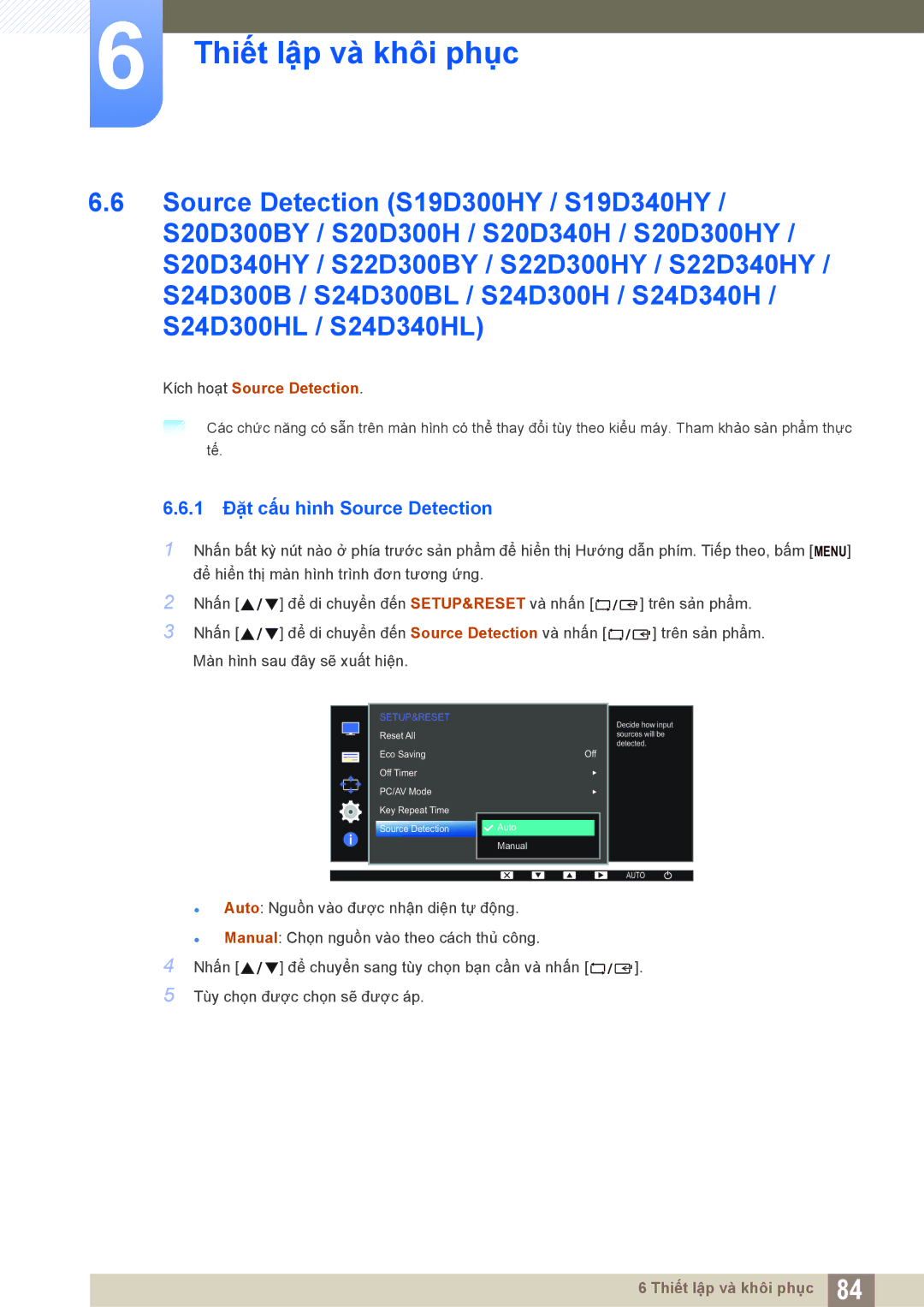 Samsung LS19D300NYMXV, LS20D300HYMXV, LS24D300HL/XV manual 1 Đặt cấu hình Source Detection, Kích hoạt Source Detection 