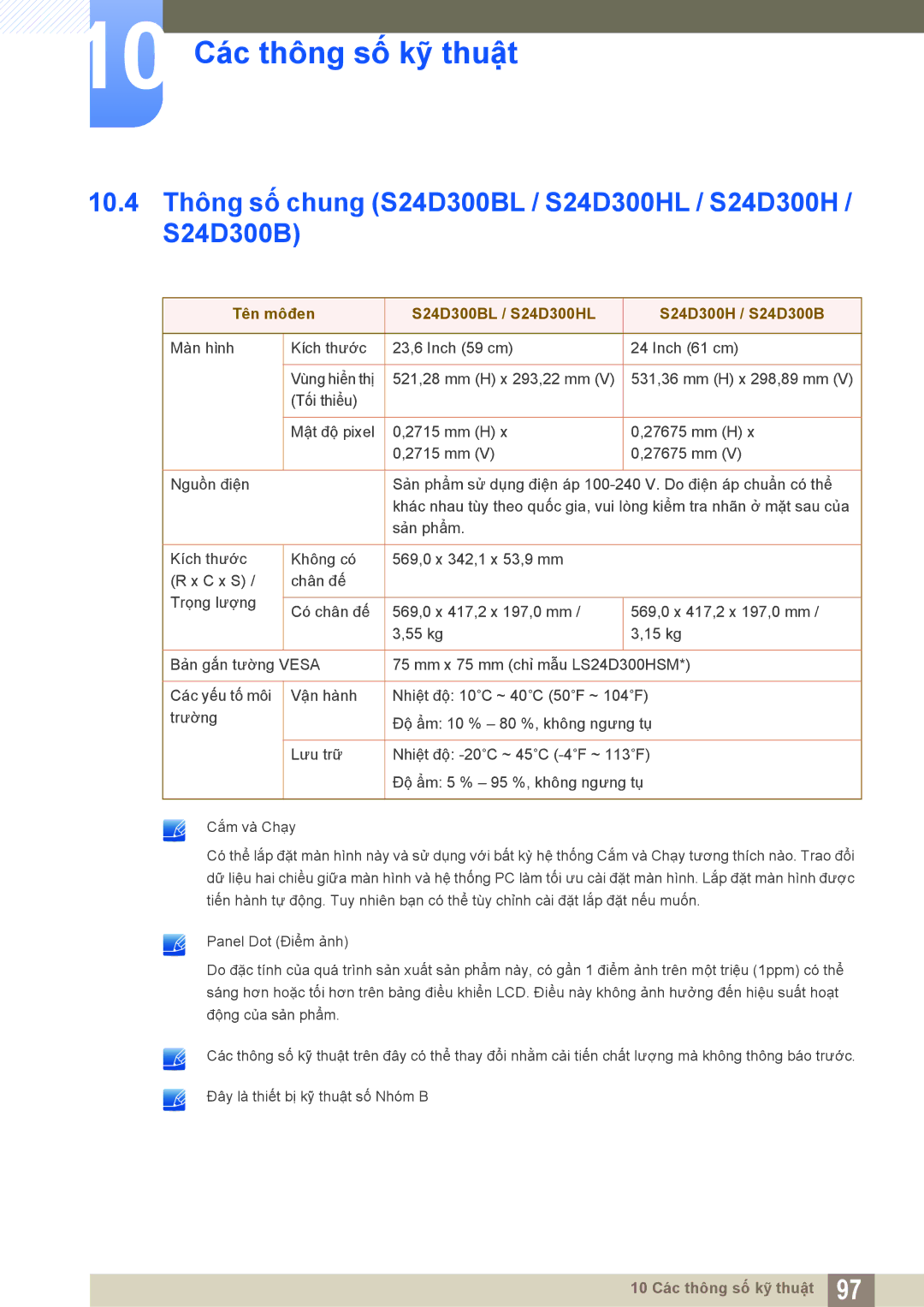 Samsung LS20D300HYMXV, LS19D300NYMXV, LS24D300HL/XV, LS22D300NY/XV manual Tên môđen S24D300BL / S24D300HL S24D300H / S24D300B 