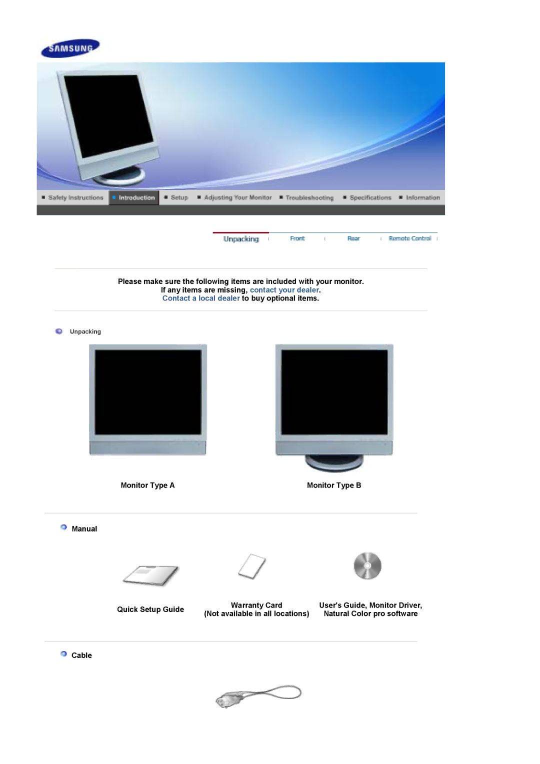 Samsung LS19DOASST/EDC, LS19DOASS/EDC, LS17DOASS/EDC, LS19DOASS6/EDC manual Monitor Type a, Manual Quick Setup Guide, Cable 